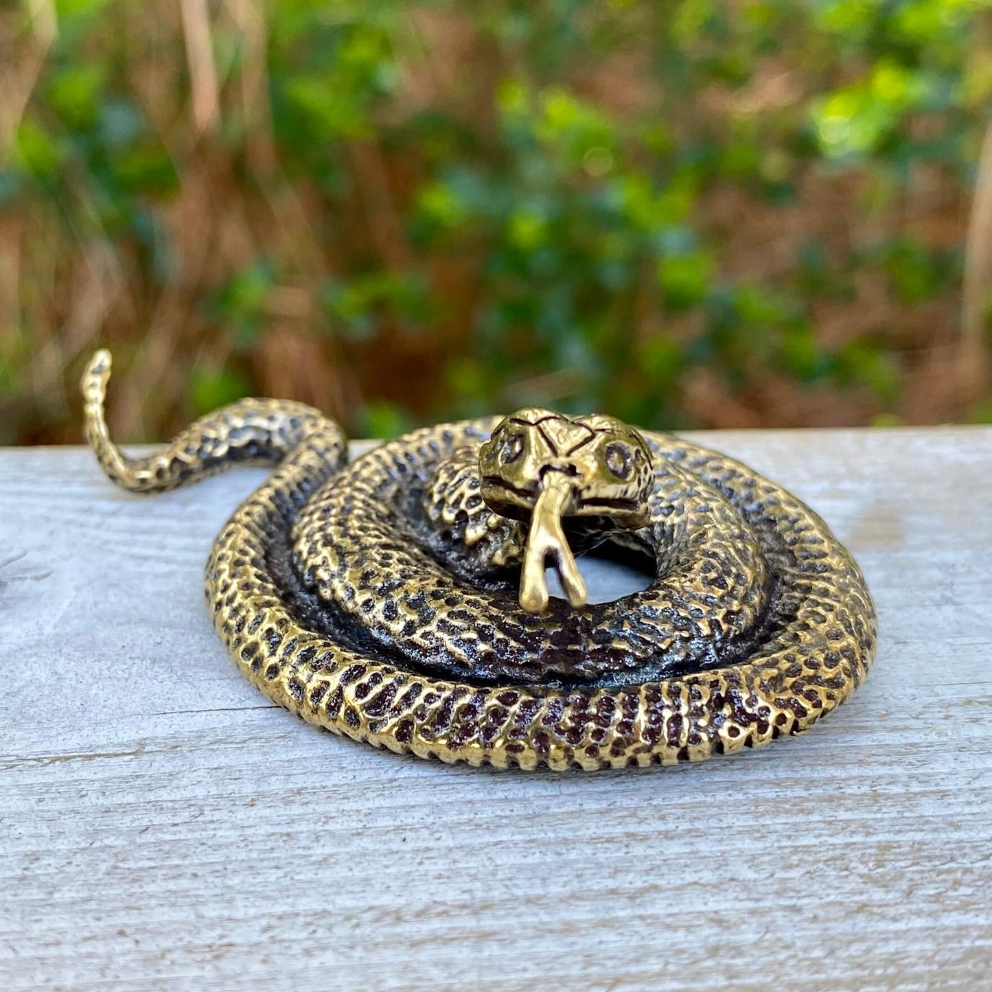 Solid brass coiled snake sculpture by Wild Brass, symbolizing strength, stealth, and power with detailed craftsmanship.