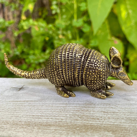 Solid brass armadillo figurine by Wild Brass, symbol of protection and resilience, showing detailed textured shell and grounded stance.