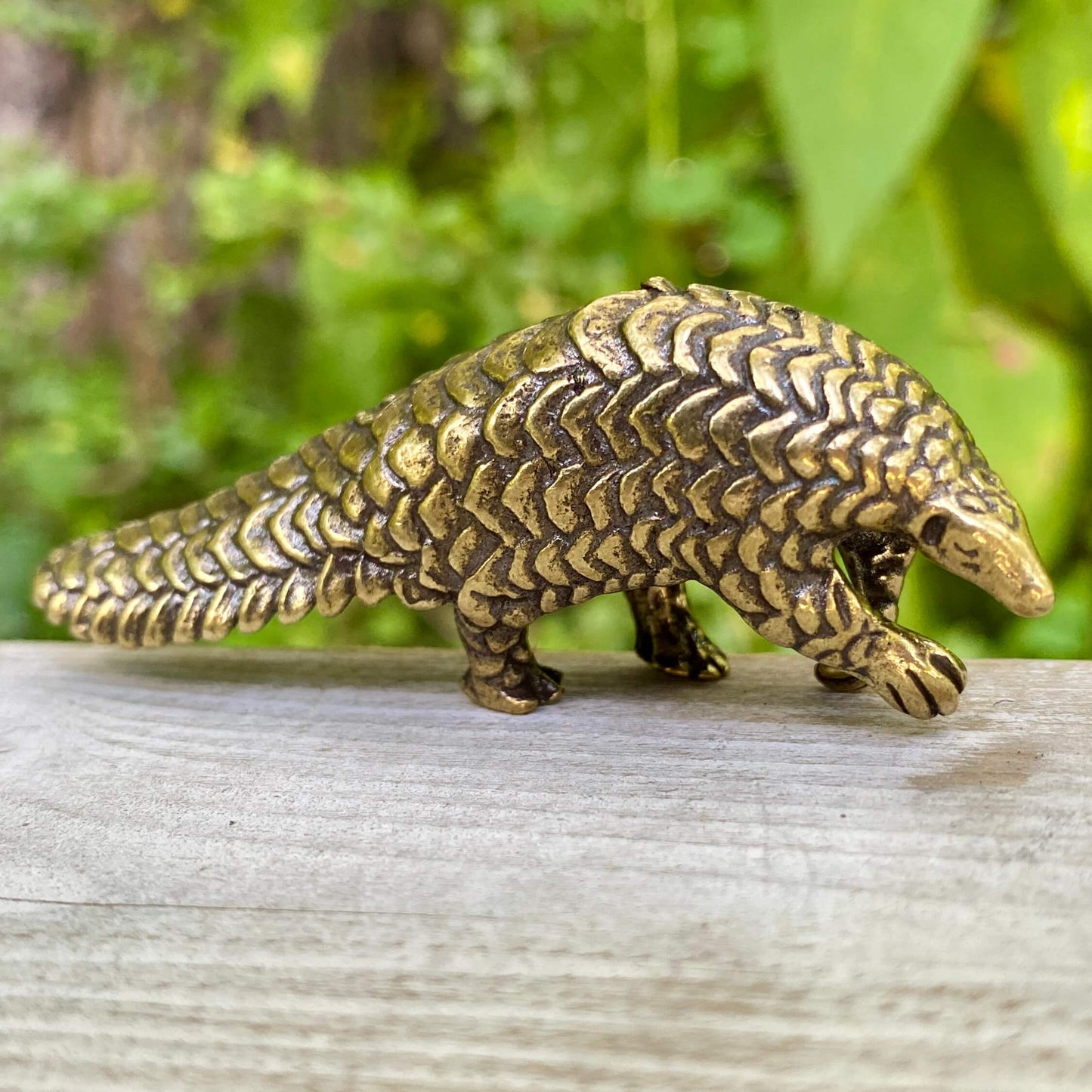 Solid brass pangolin sculpture by Wild Brass, detailed figure symbolizing protection, patience, and transformation.