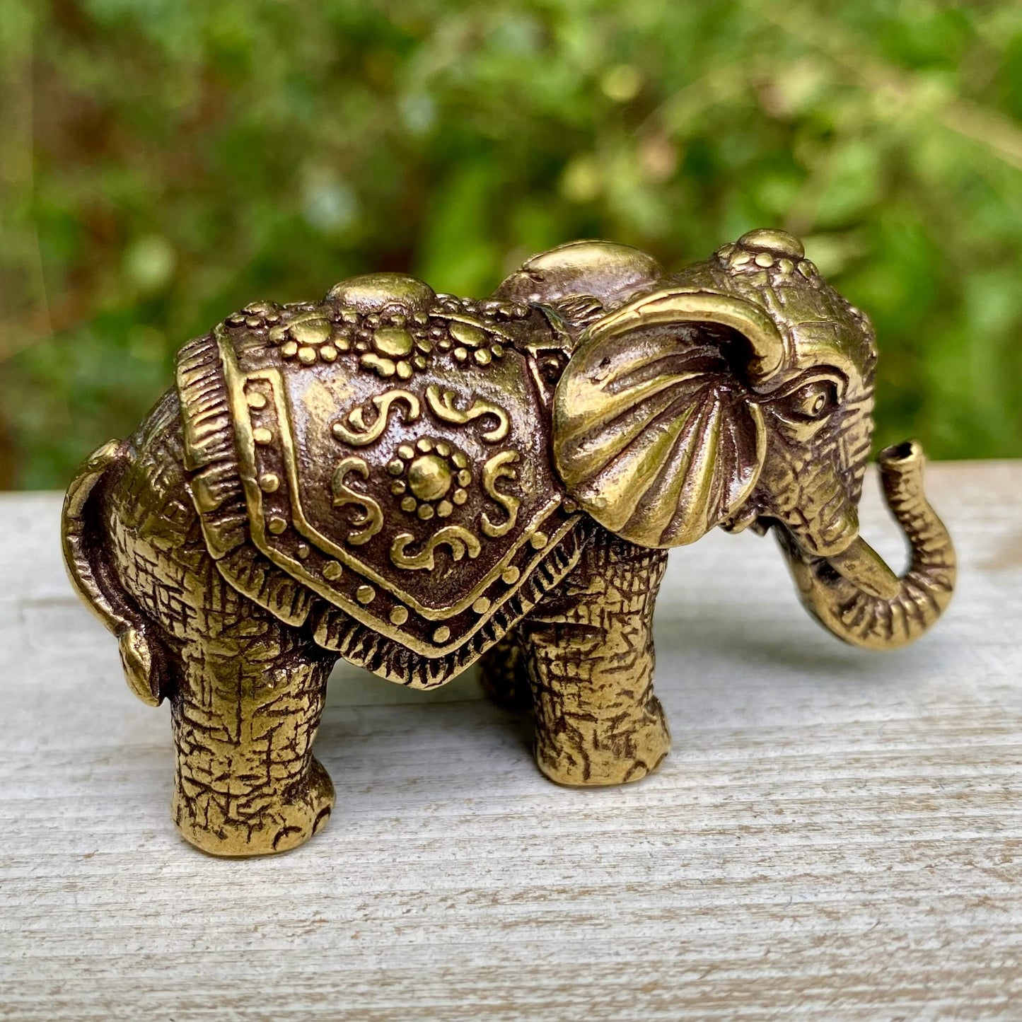 Solid brass Indian elephant figurine by Wild Brass, symbol of wisdom, strength, and good fortune, shown in a close-up view.