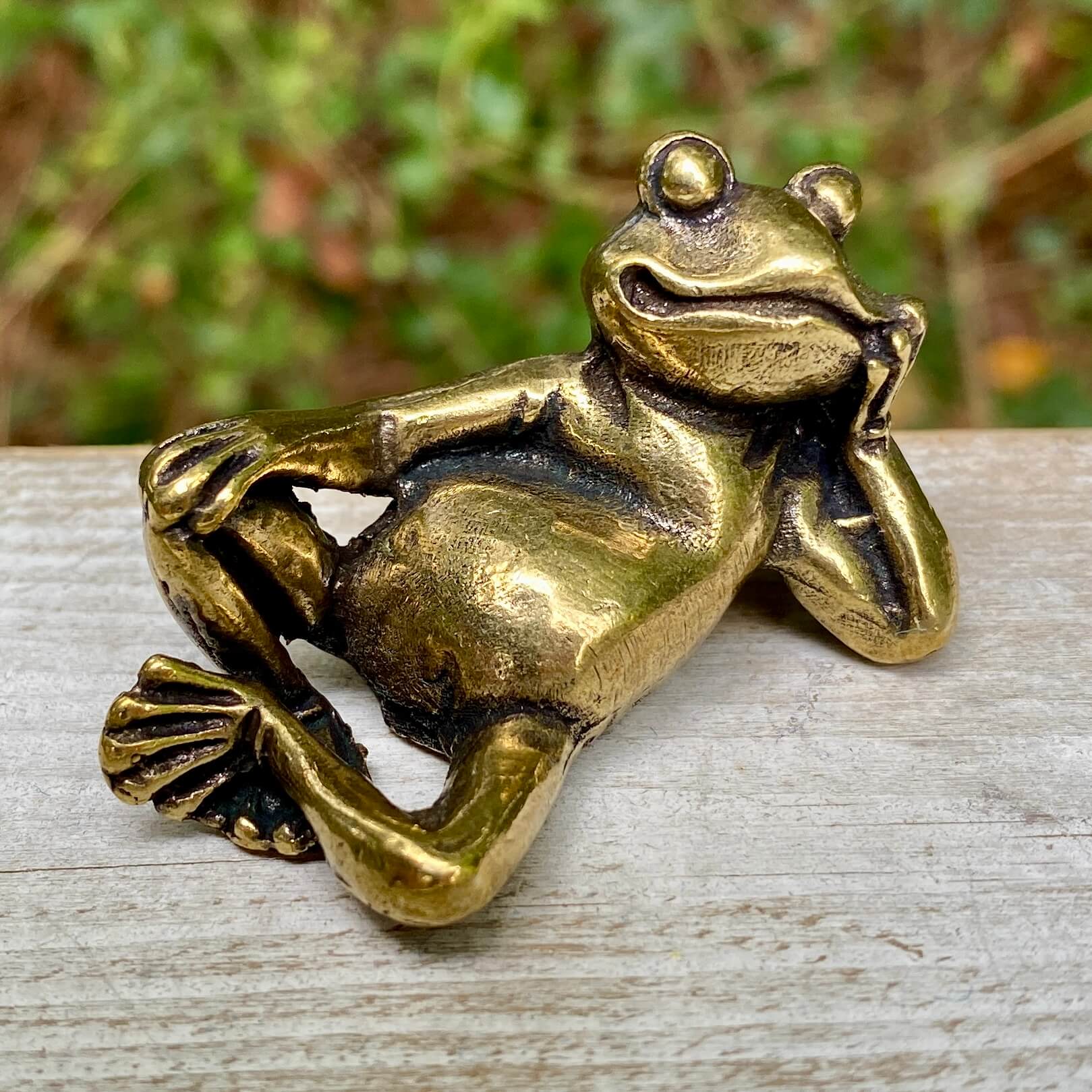 Solid brass frog lounging sculpture by Wild Brass, symbol of transformation, renewal, and luck in a detailed, artistic design.
