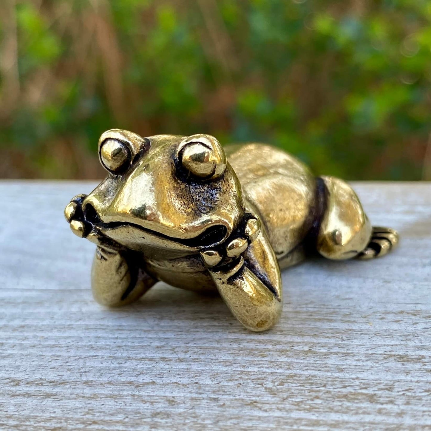 Solid brass frog laying figurine by Wild Brass, symbol of transformation, renewal, and luck, shown on a neutral background.