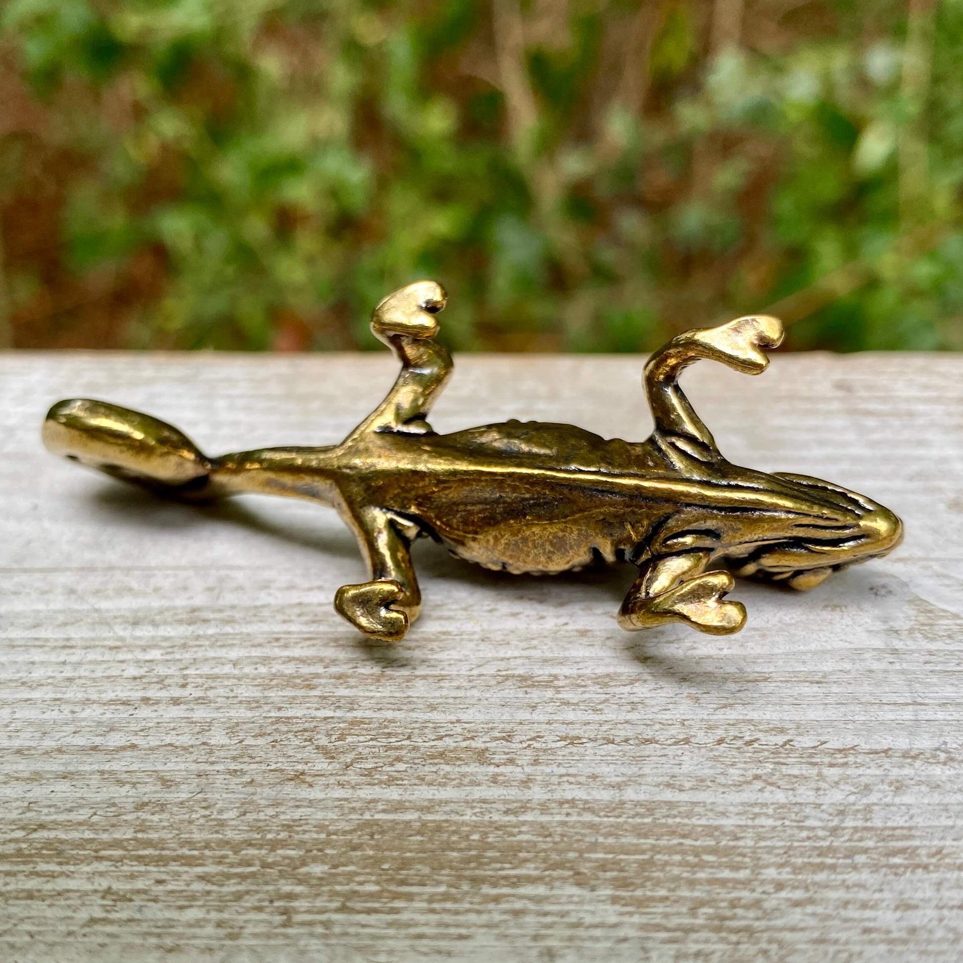 Solid brass chameleon figurine by Wild Brass, symbolizing adaptability and change, with detailed craftsmanship and a smooth finish.