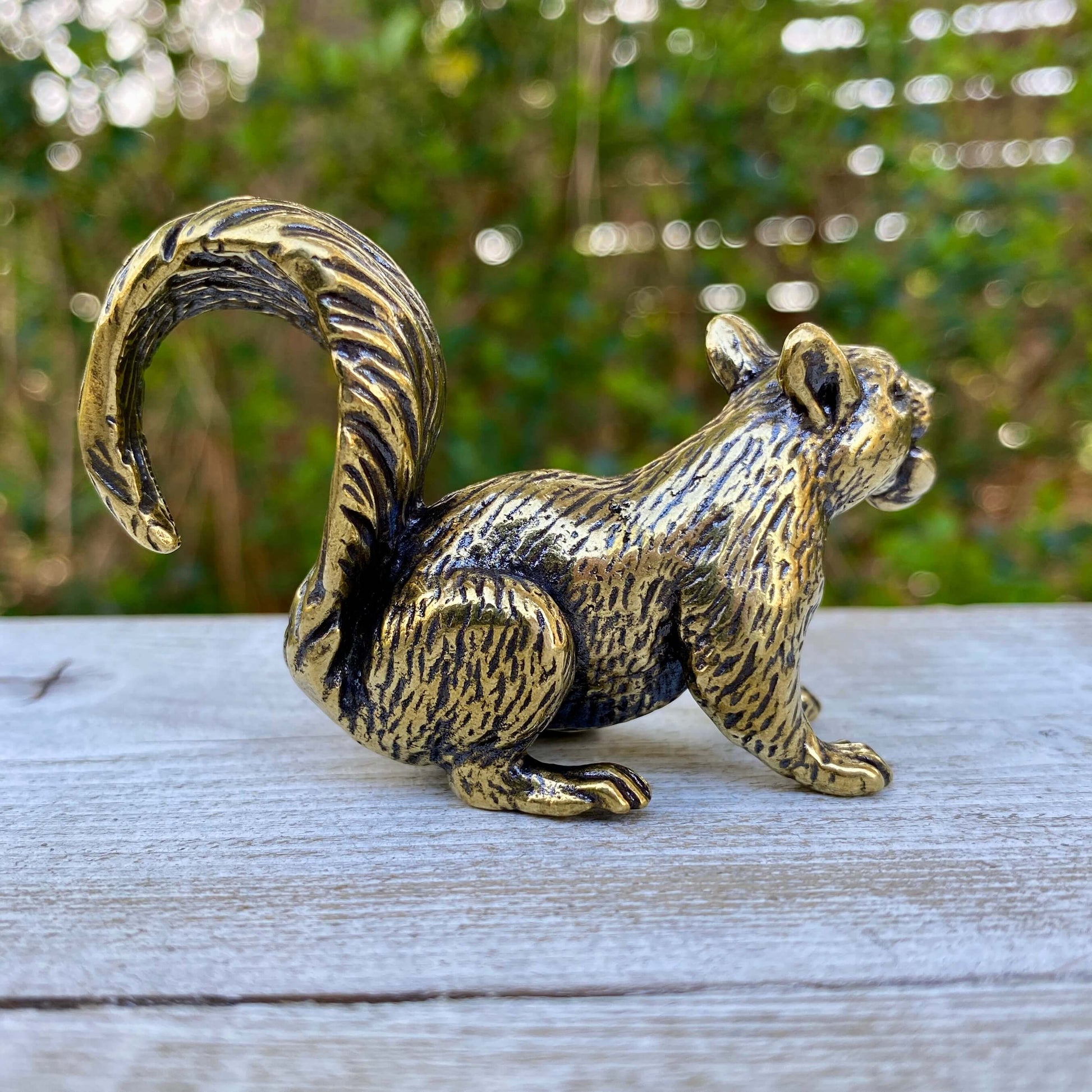 Solid brass squirrel sculpture by Wild Brass, symbol of curiosity, playfulness, and joy, shown in a detailed close-up.