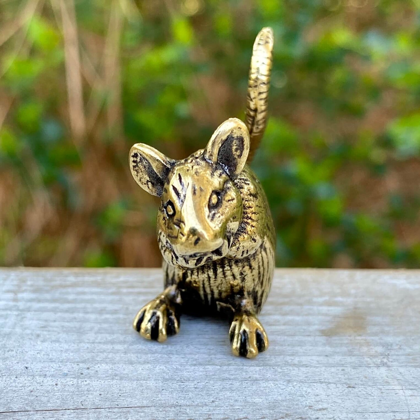 Solid brass rat sculpture by Wild Brass, symbol of intelligence and resourcefulness, shown in a detailed close-up view.