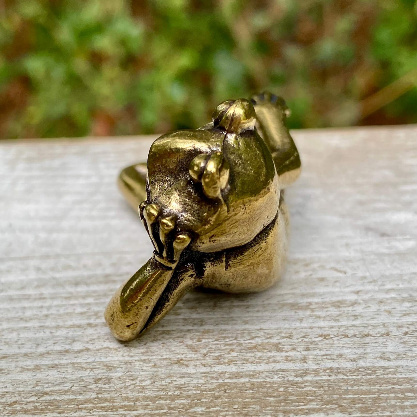 Solid brass frog figurine from Wild Brass, symbol of transformation, renewal, and luck, shown lounging with detailed craftsmanship.