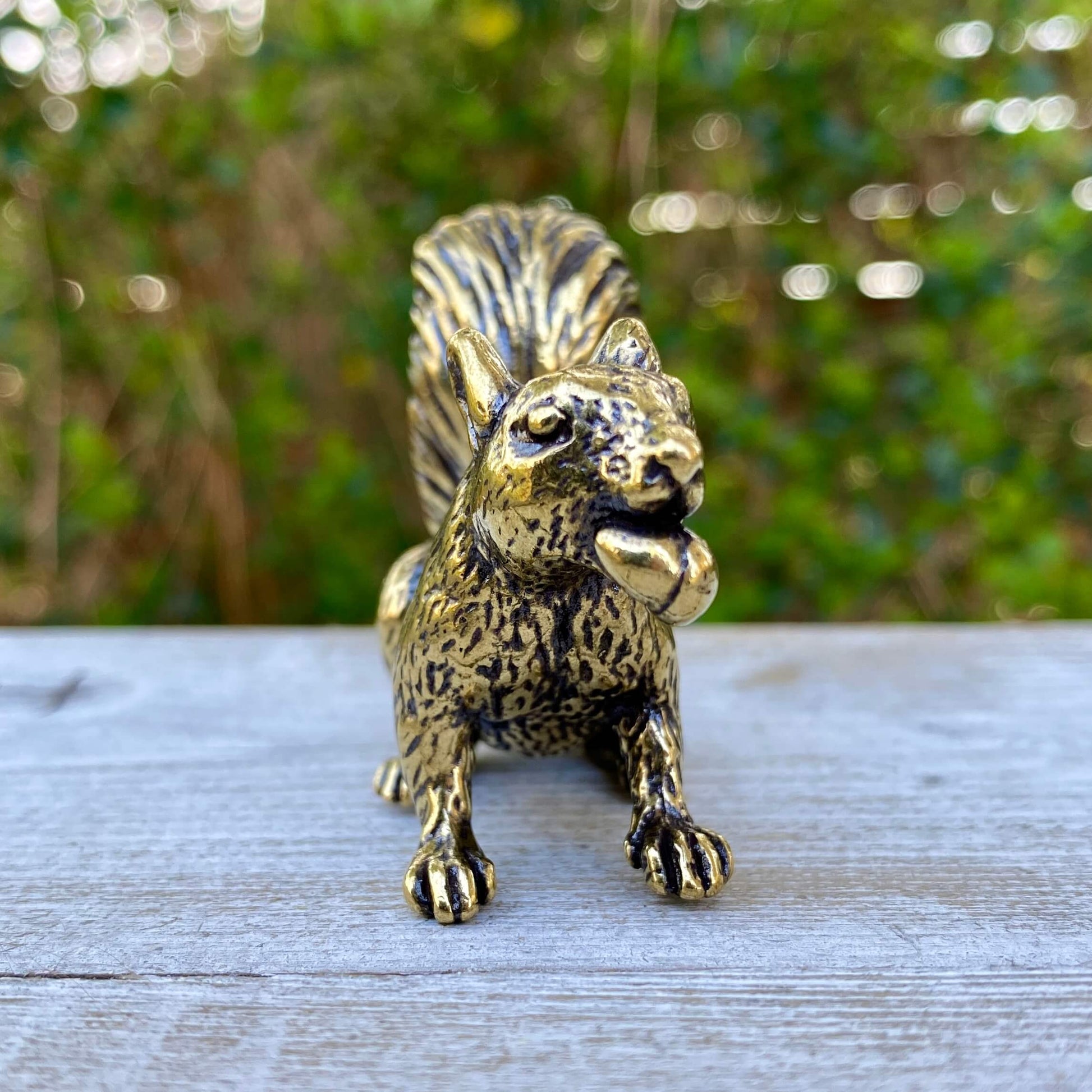 Solid brass squirrel statue by Wild Brass, showcasing a playful squirrel with a curious pose, symbolizing joy and curiosity.