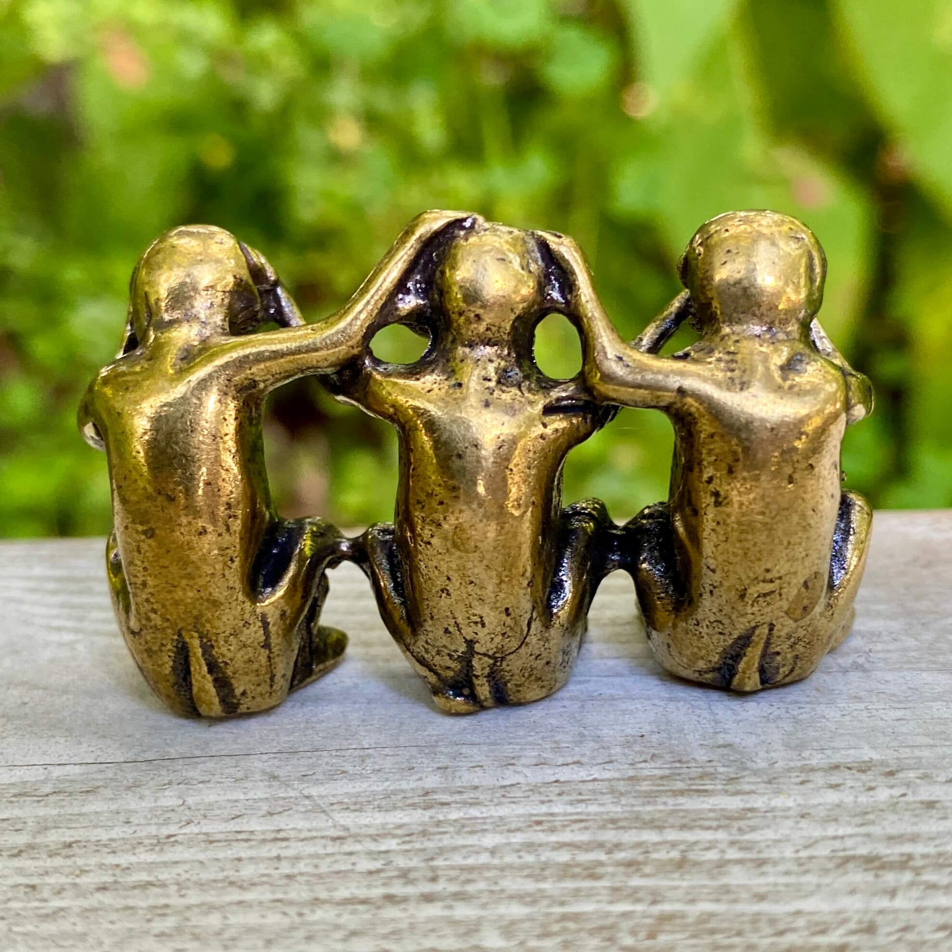 Solid brass See No Evil, Hear No Evil, Speak No Evil monkey figurines representing wisdom, crafted by Wild Brass.