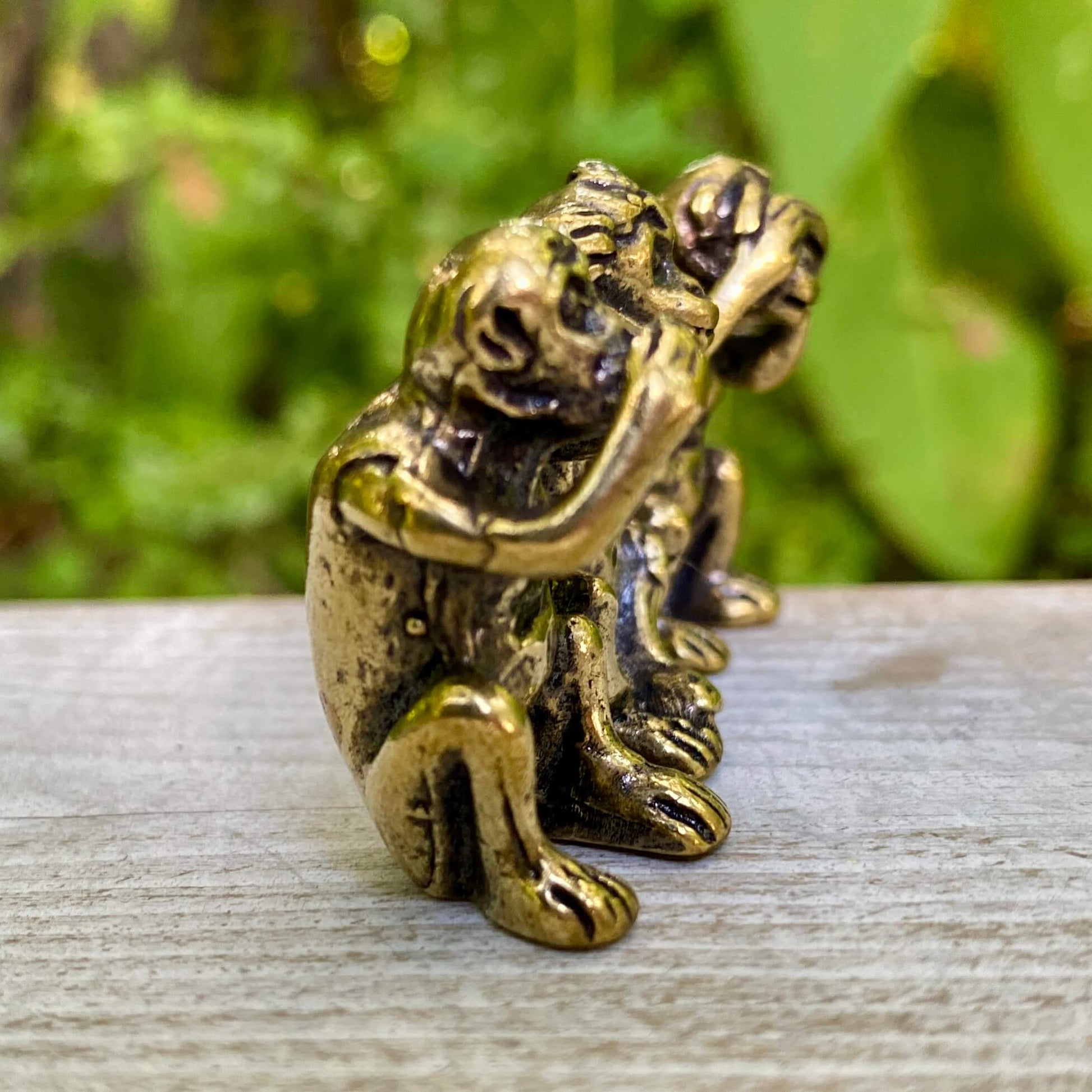Solid brass See No Evil, Hear No Evil, Speak No Evil monkey statues symbolizing wisdom, crafted by Wild Brass.