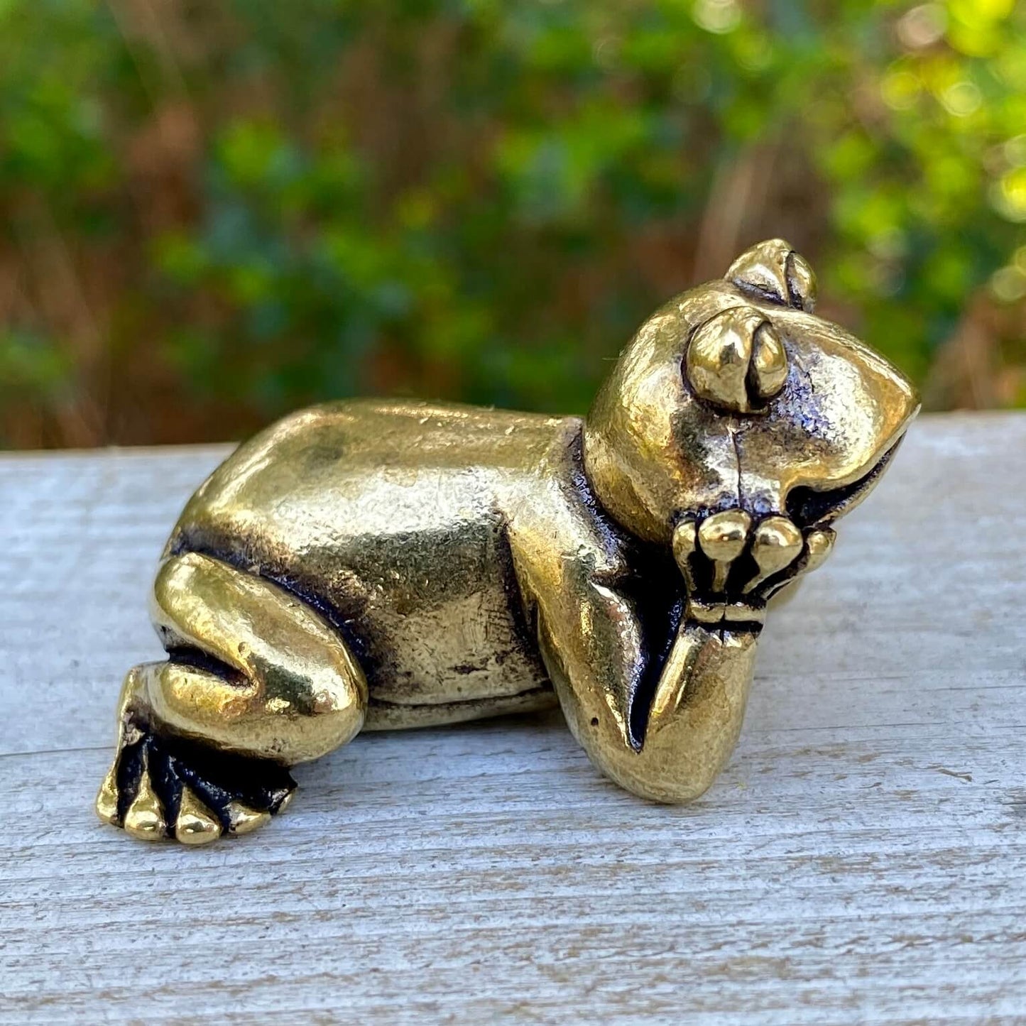 Solid brass frog laying figurine by Wild Brass, symbol of transformation, renewal, and luck, shown in detailed close-up.