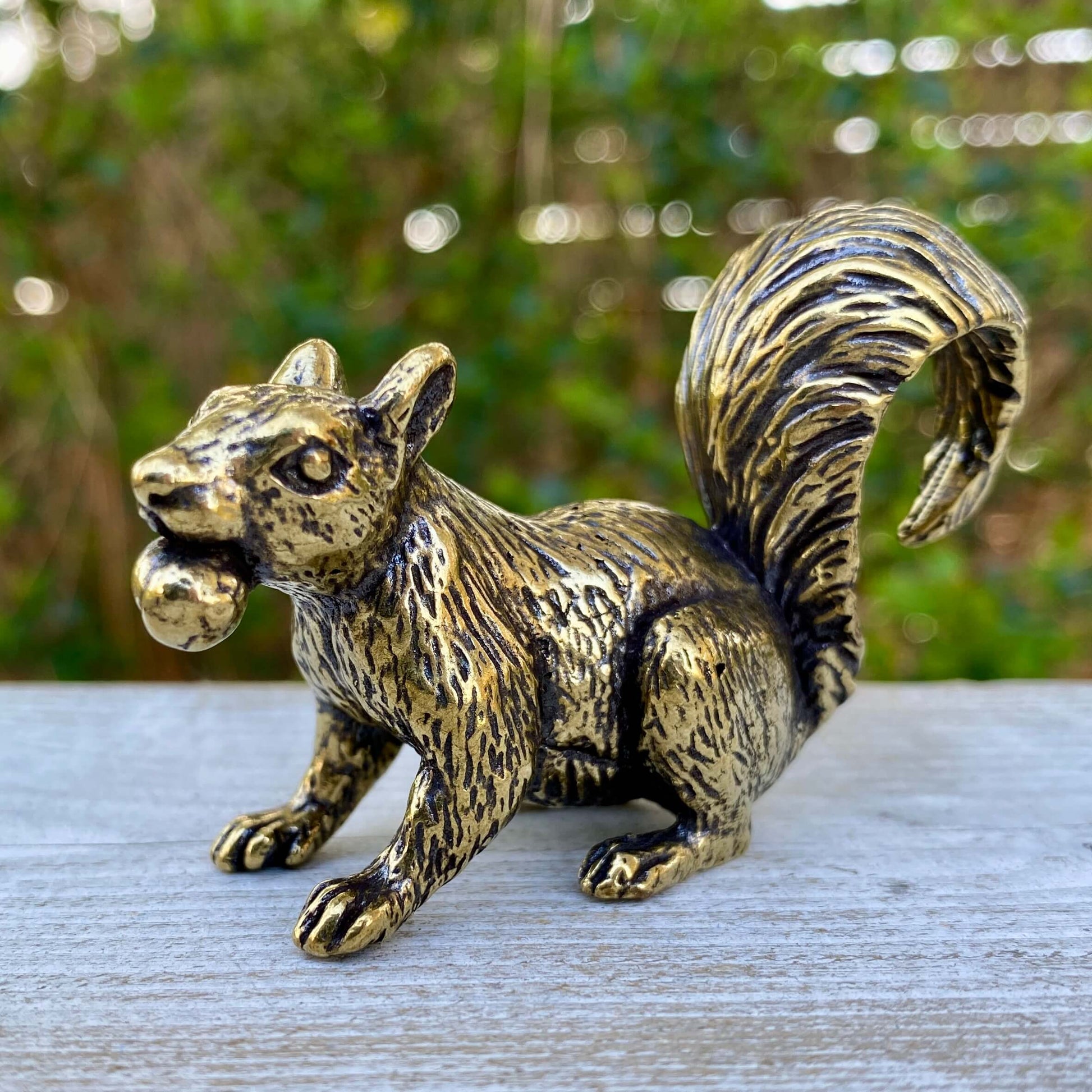 Solid brass squirrel figurine by Wild Brass, showcasing a playful squirrel symbolizing curiosity and joy on a natural surface.