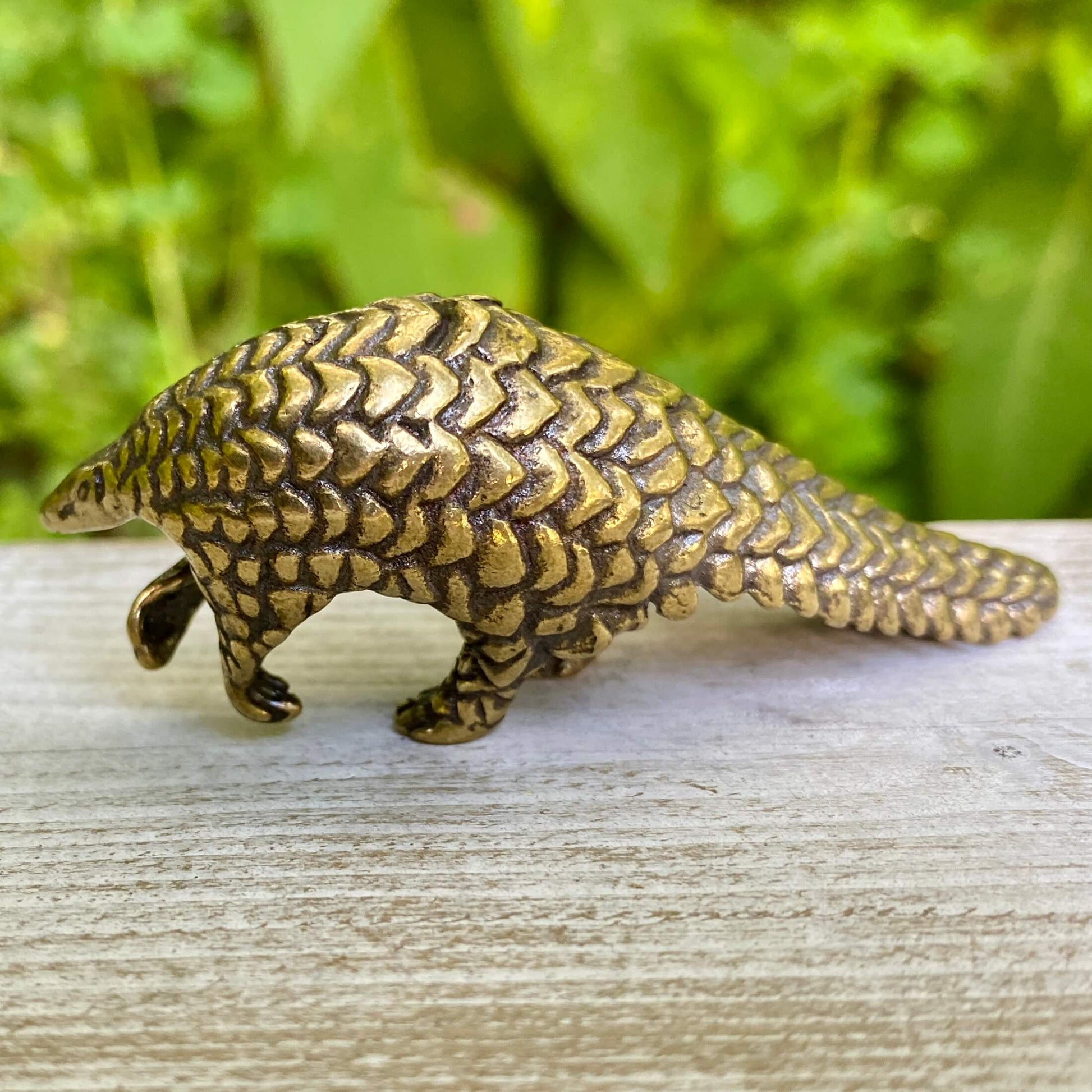 Solid brass pangolin figurine by Wild Brass, symbol of protection, patience, and transformation, displayed on a neutral background.