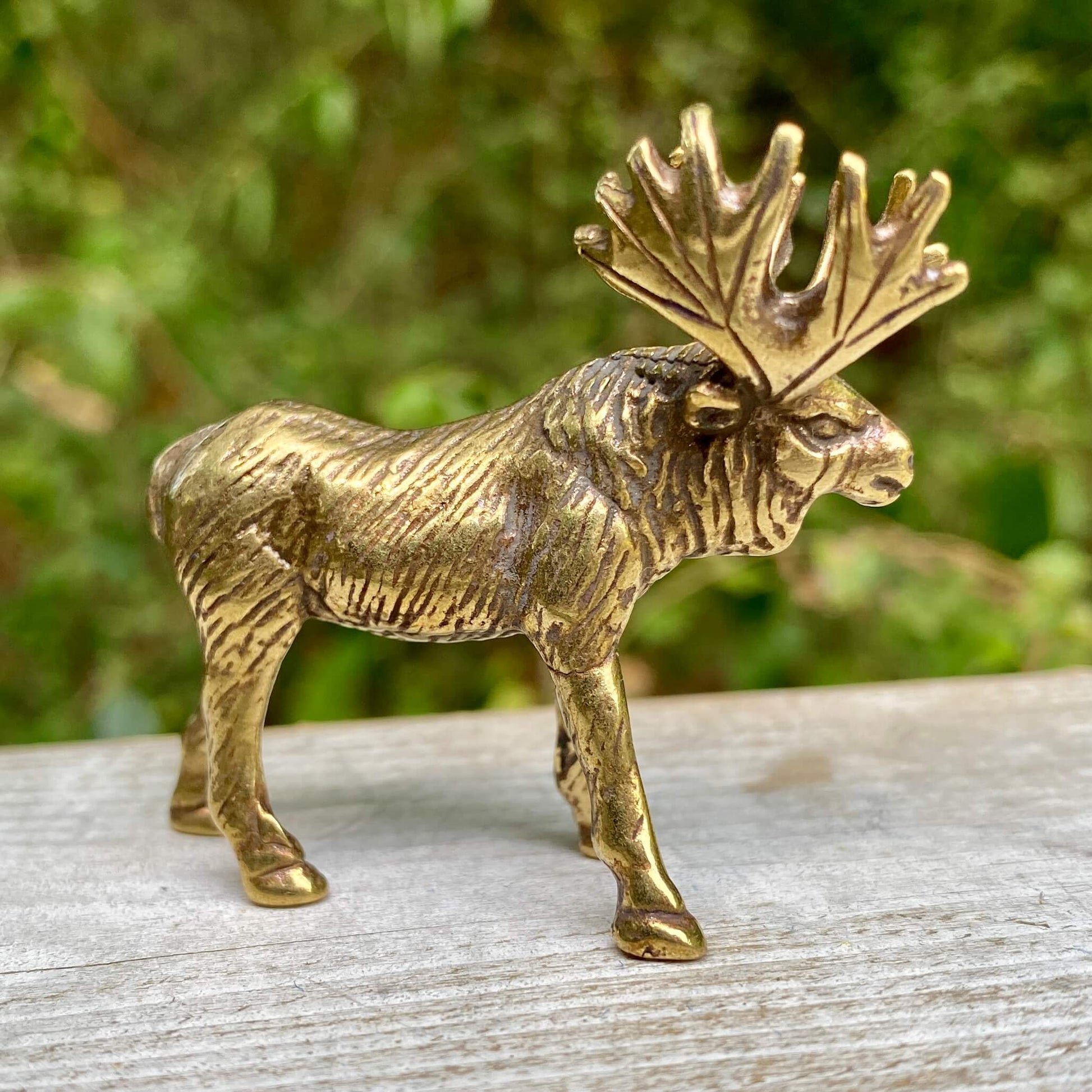 Solid brass moose sculpture by Wild Brass, featuring a detailed moose figure symbolizing strength, wisdom, and confidence.