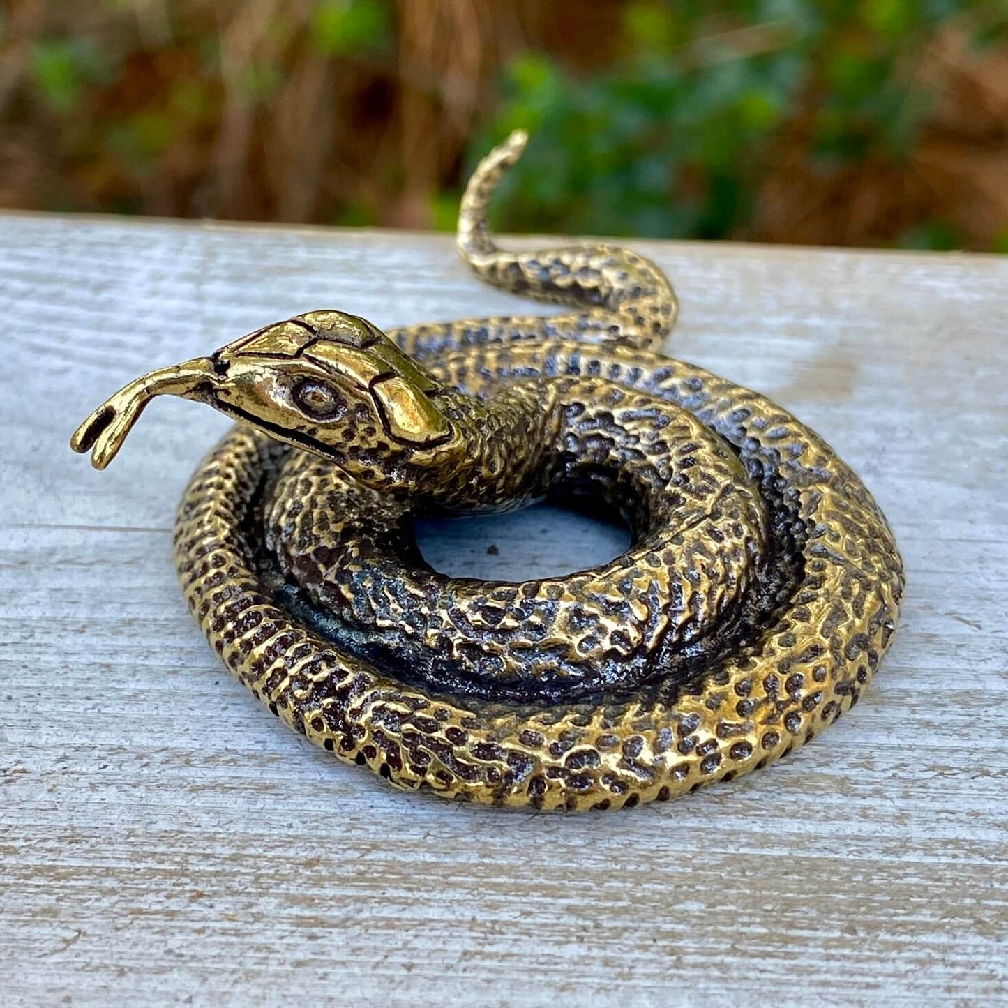 Solid brass coiled snake sculpture by Wild Brass, symbolizing strength, stealth, and power, with detailed metallic finish.