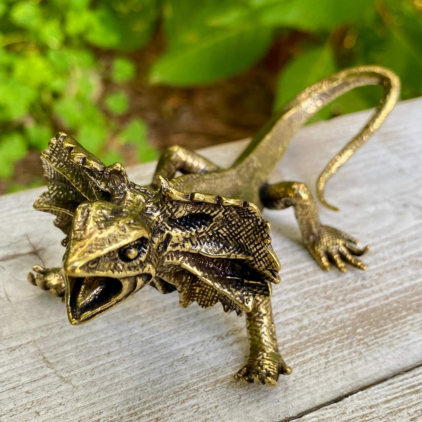 Solid brass veiled lizard sculpture by Wild Brass, showcasing detailed craftsmanship symbolizing adaptability and resilience.