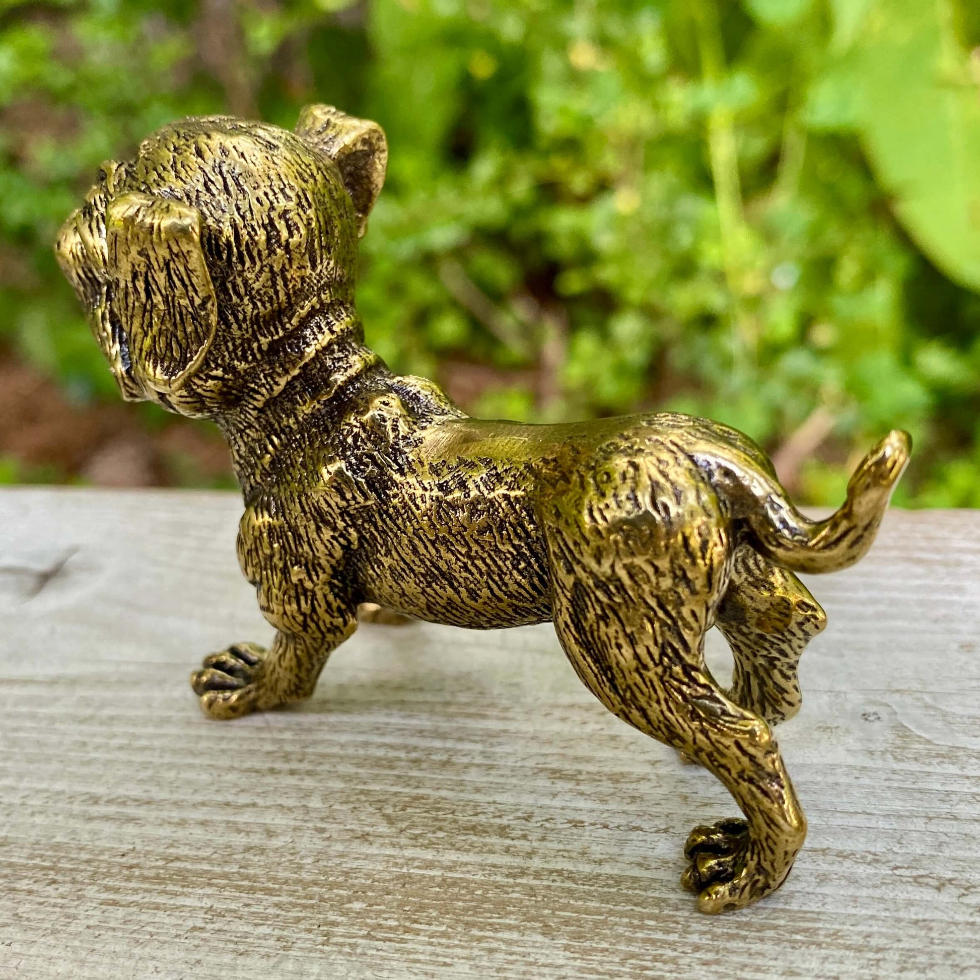 Solid brass Ugly Pug dog figurine by Wild Brass, symbolizing devotion, playfulness, and good fortune, with detailed craftsmanship.