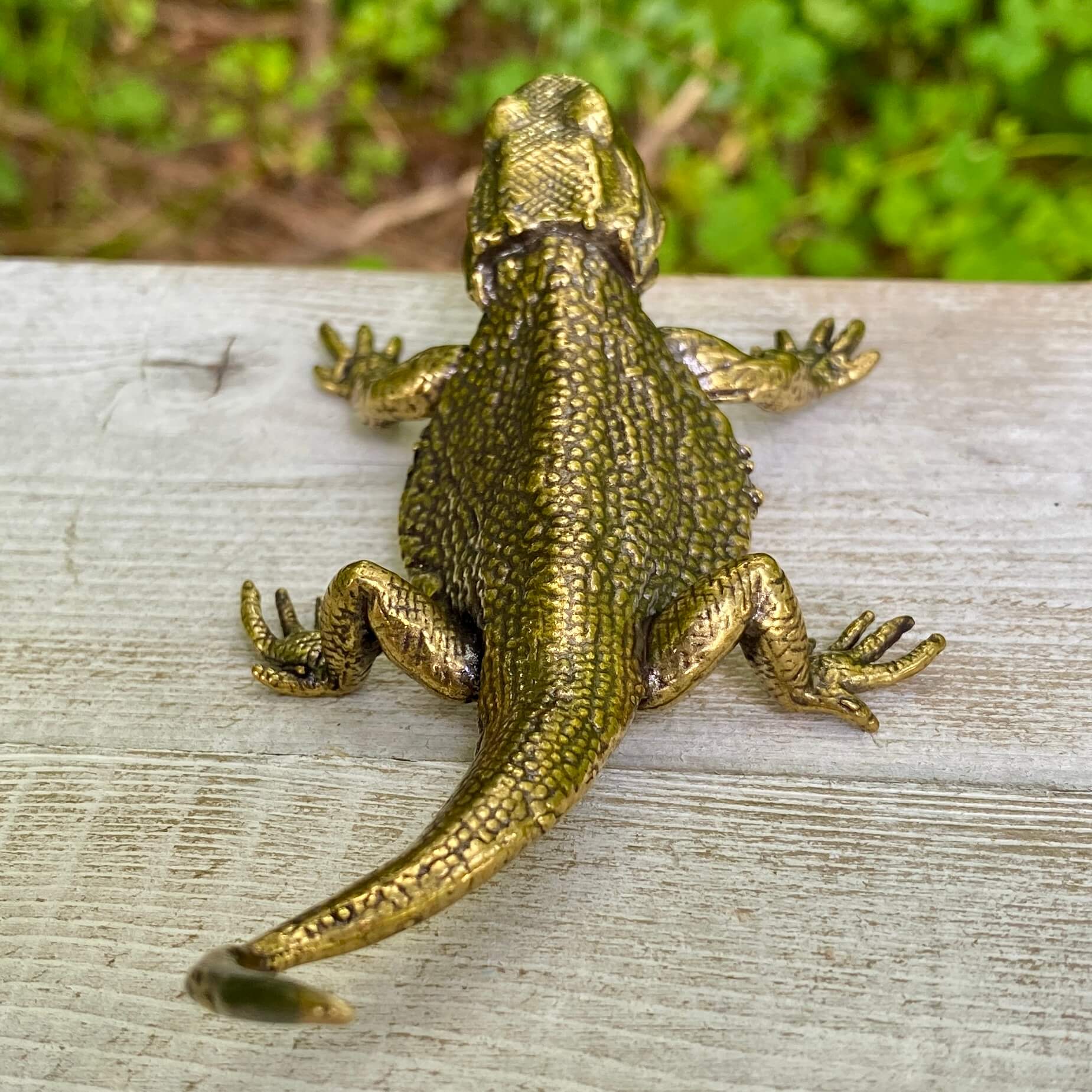 Solid brass lizard sculpture by Wild Brass, symbolizing regeneration, adaptability, and survival, with intricate detailing.