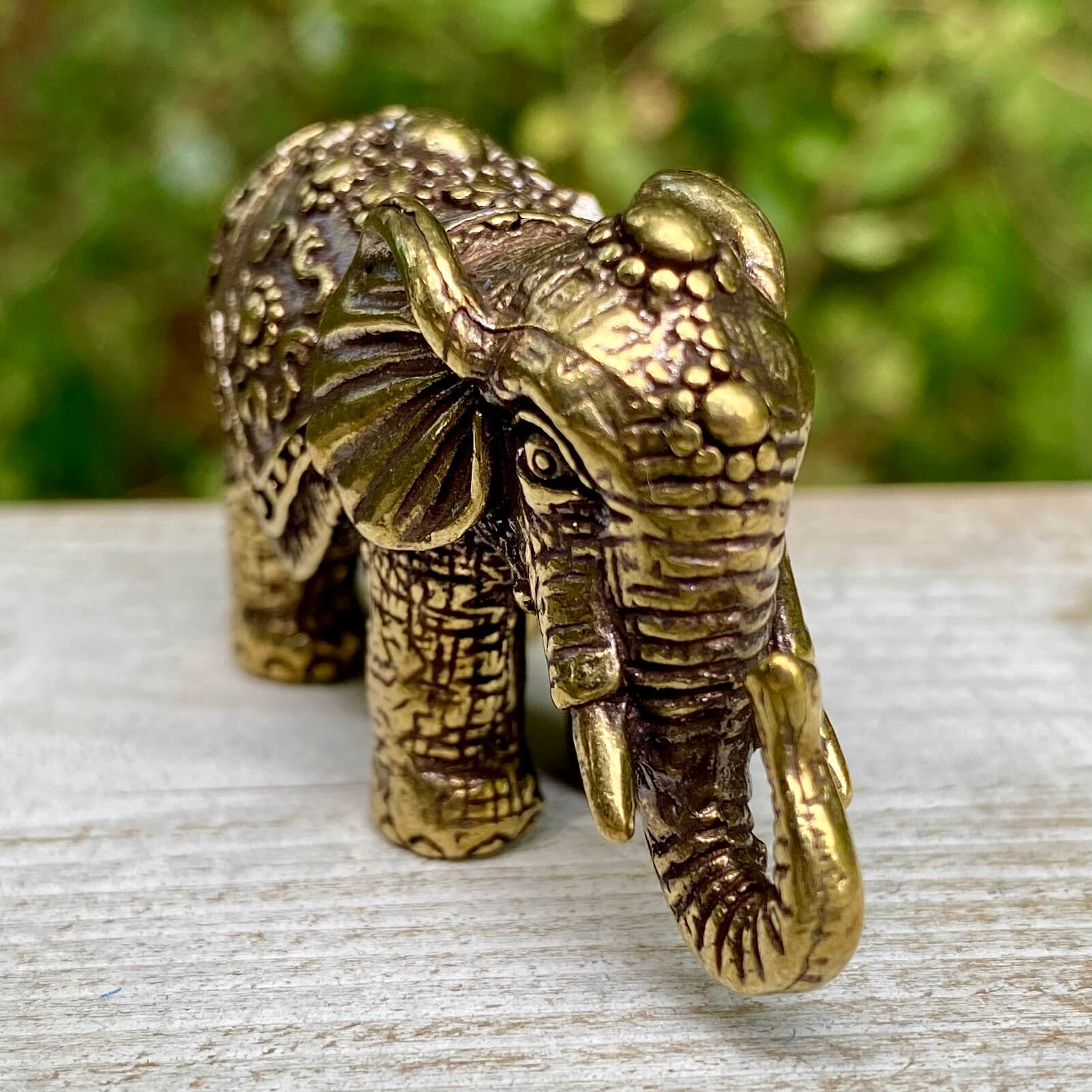 Solid brass Indian elephant figurine by Wild Brass, showcasing detailed craftsmanship symbolizing wisdom, strength, and good fortune.