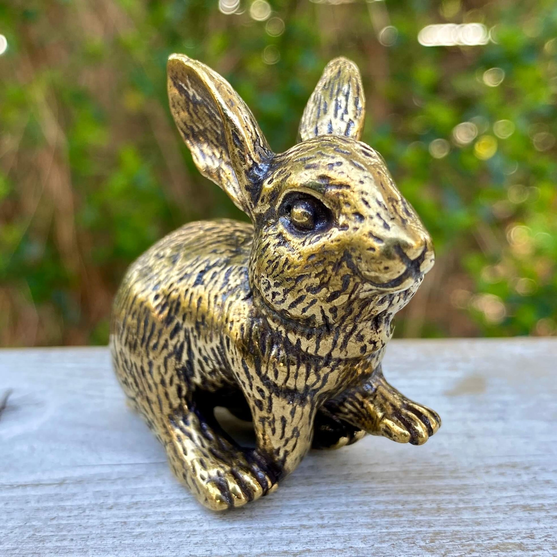 Solid brass rabbit figurine by Wild Brass, symbol of gentleness, abundance, and good fortune, displayed on a neutral background.