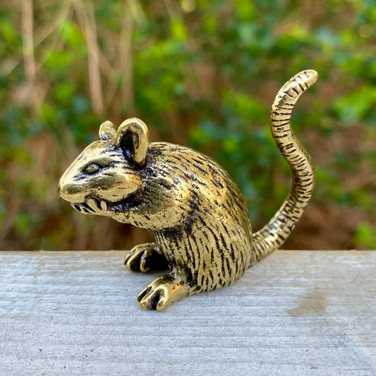 Solid brass rat sculpture by Wild Brass, symbolizing intelligence and resourcefulness, featuring detailed craftsmanship and realistic form.