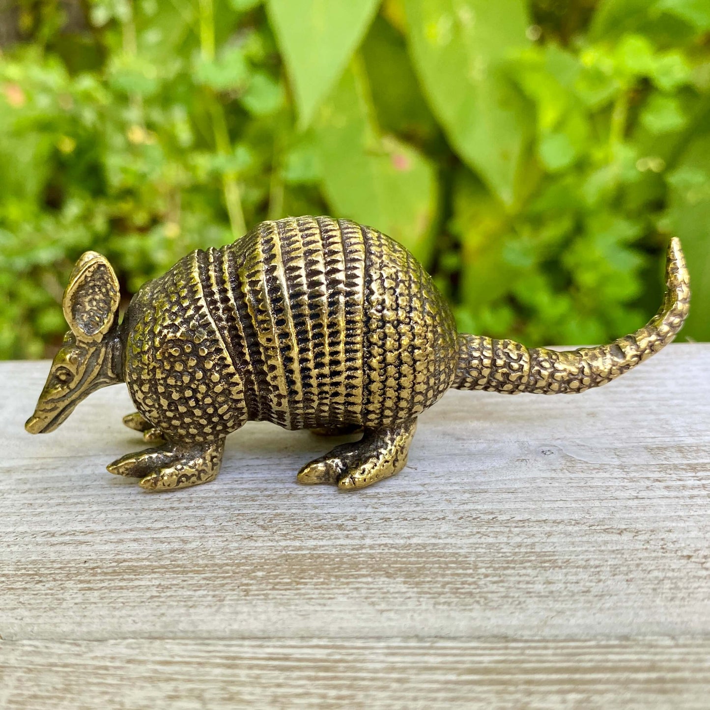 Solid brass armadillo sculpture by Wild Brass, symbol of protection and resilience, with detailed textured surface.