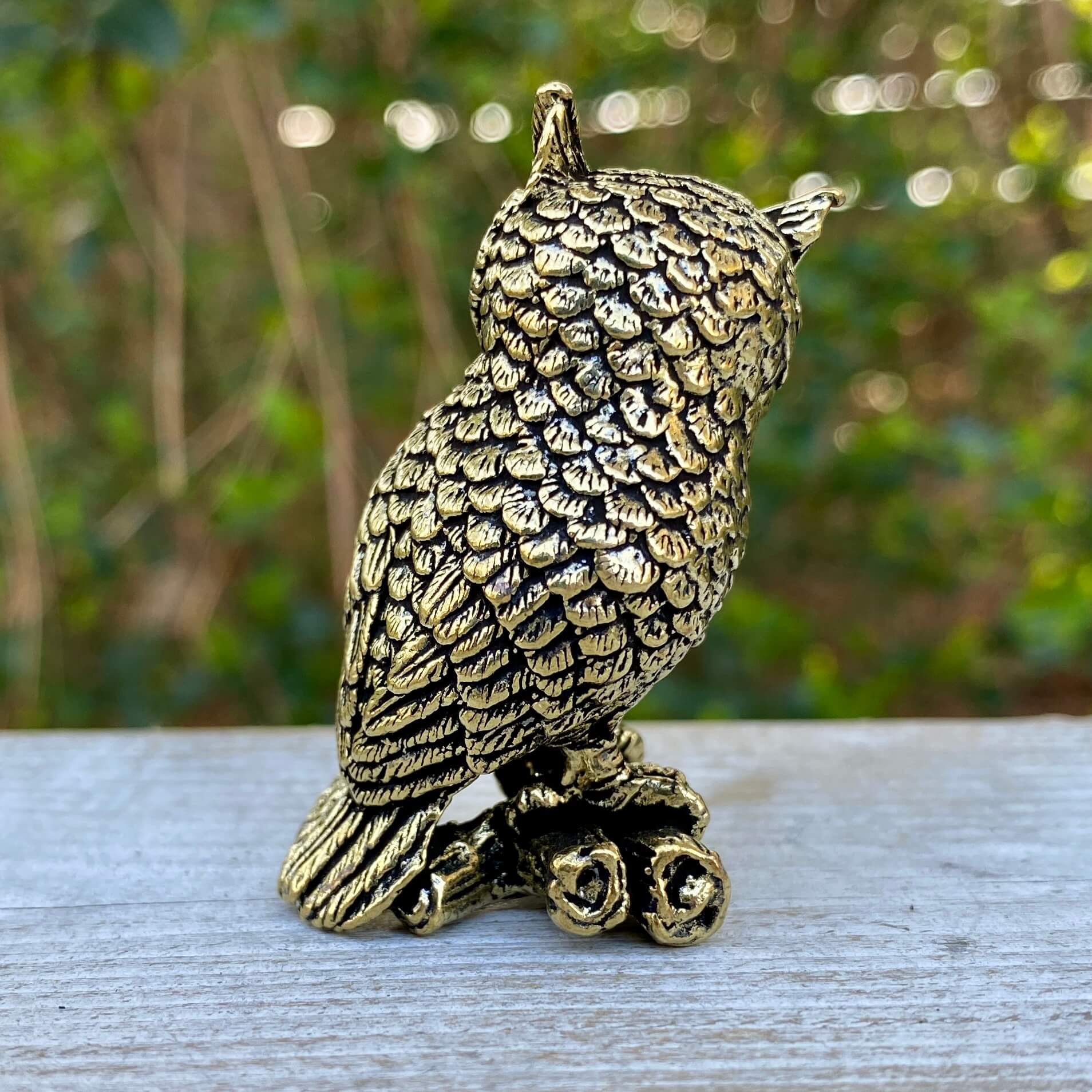 Solid brass owl figurine from Wild Brass, symbol of wisdom, intuition, and understanding, with detailed craftsmanship.