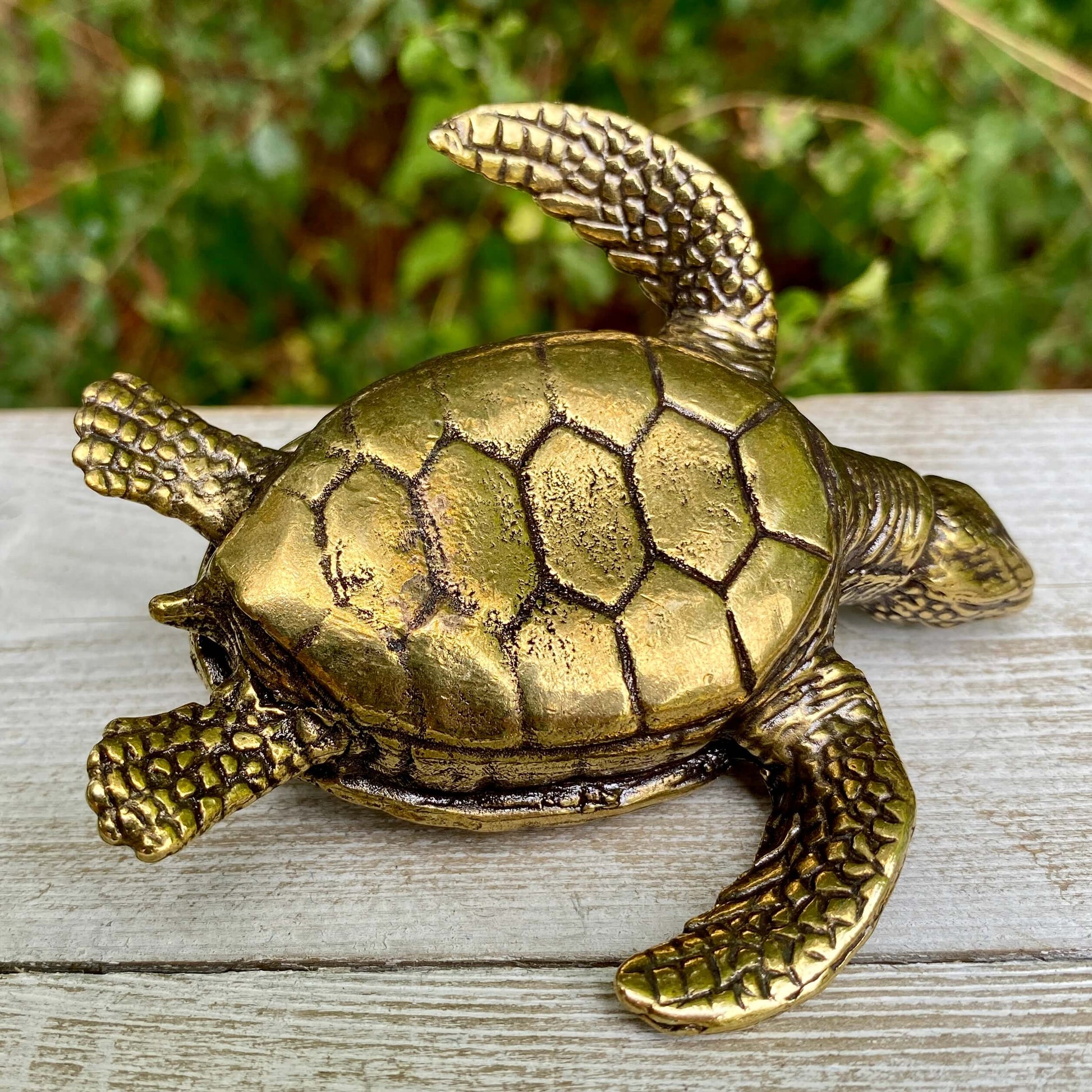 Solid brass sea turtle sculpture by Wild Brass, symbolizing longevity, wisdom, and endurance, with detailed features and a polished finish.