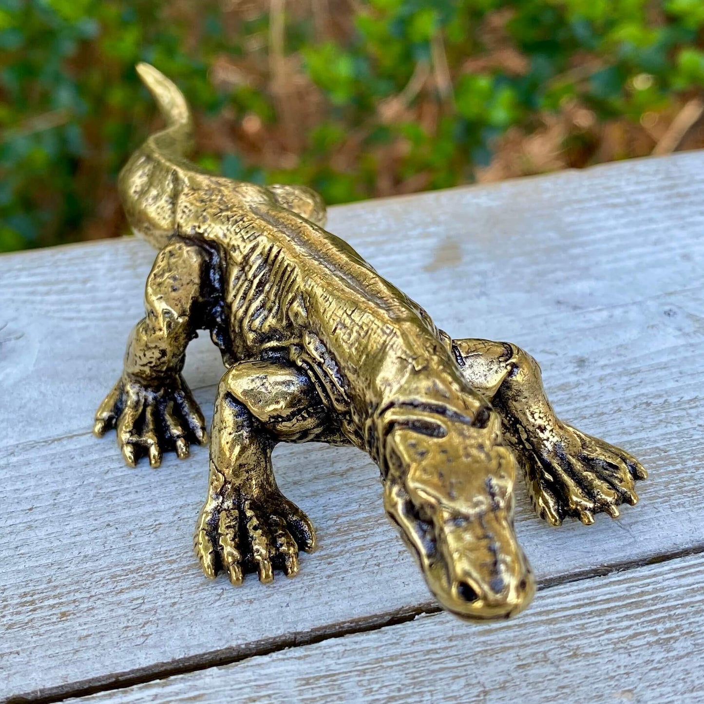 Solid brass Komodo Dragon sculpture by Wild Brass, symbolizing strength, wisdom, and instinct, shown with detailed craftsmanship.