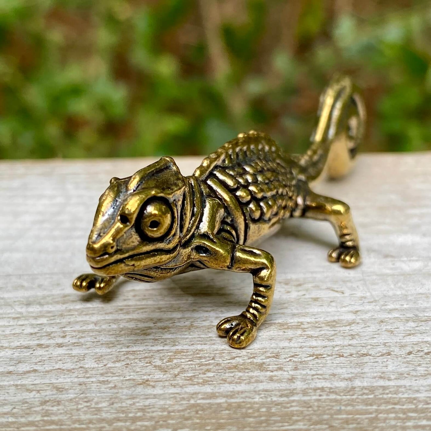 Solid brass chameleon figurine by Wild Brass, symbolizing adaptability and change, with detailed craftsmanship and vibrant finish.