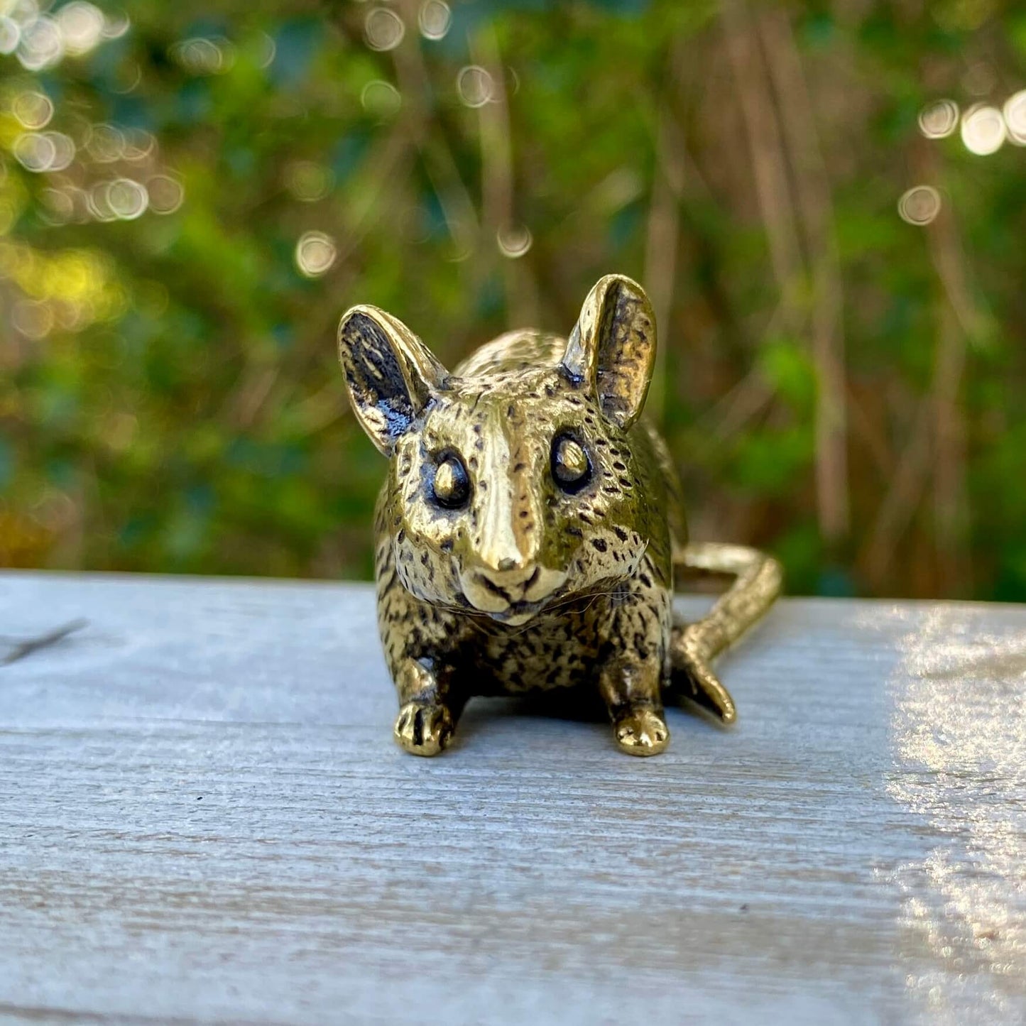 Wild Brass solid brass rat sculpture symbolizing intelligence, resourcefulness, and survival, shown from a side view.