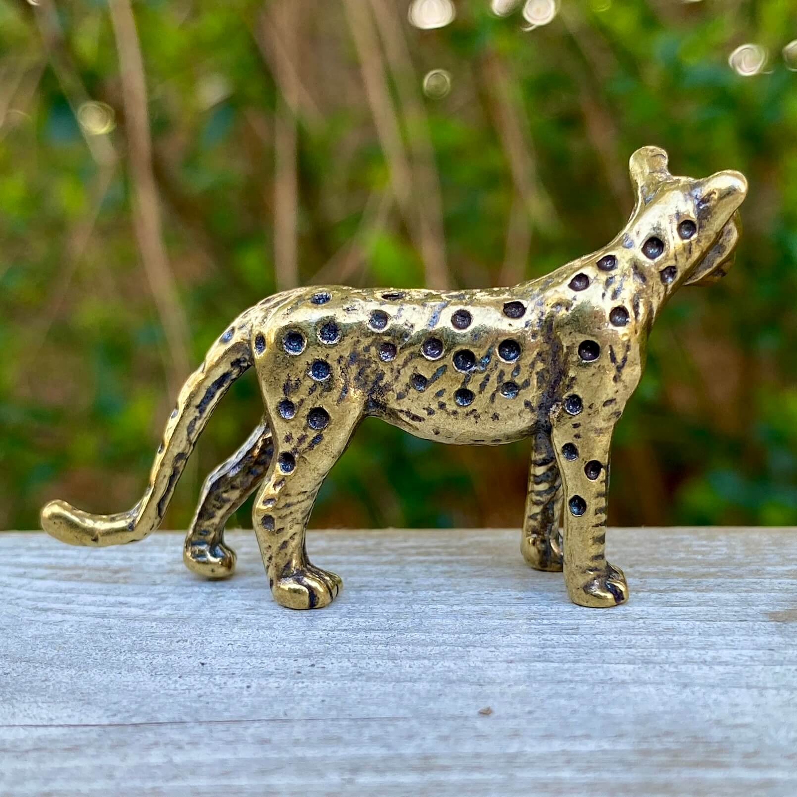 Solid brass leopard sculpture by Wild Brass, showcasing a graceful, detailed depiction of a powerful, elegant wild animal.