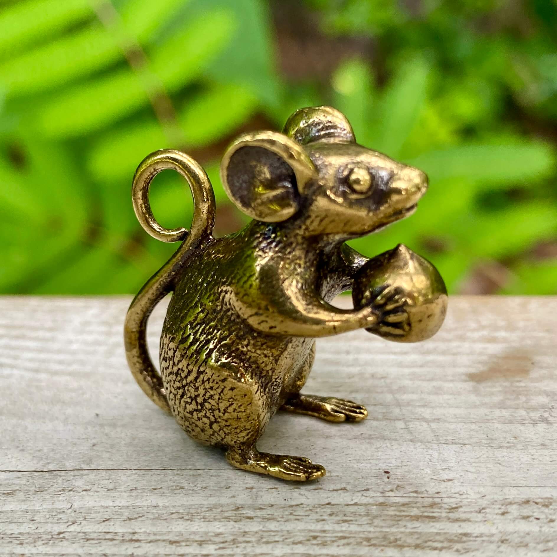 Solid brass mouse sculpture by Wild Brass, symbol of curiosity, adaptability, and awareness, with detailed metallic finish.