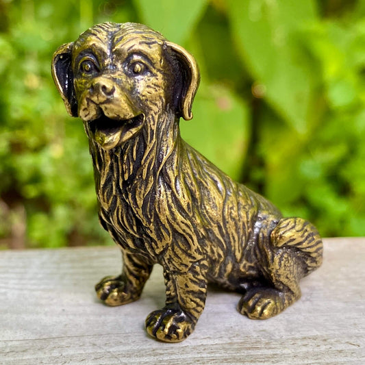 Solid brass Golden Retriever figurine by Wild Brass, symbolizing friendship, loyalty, and joy, with polished golden finish.