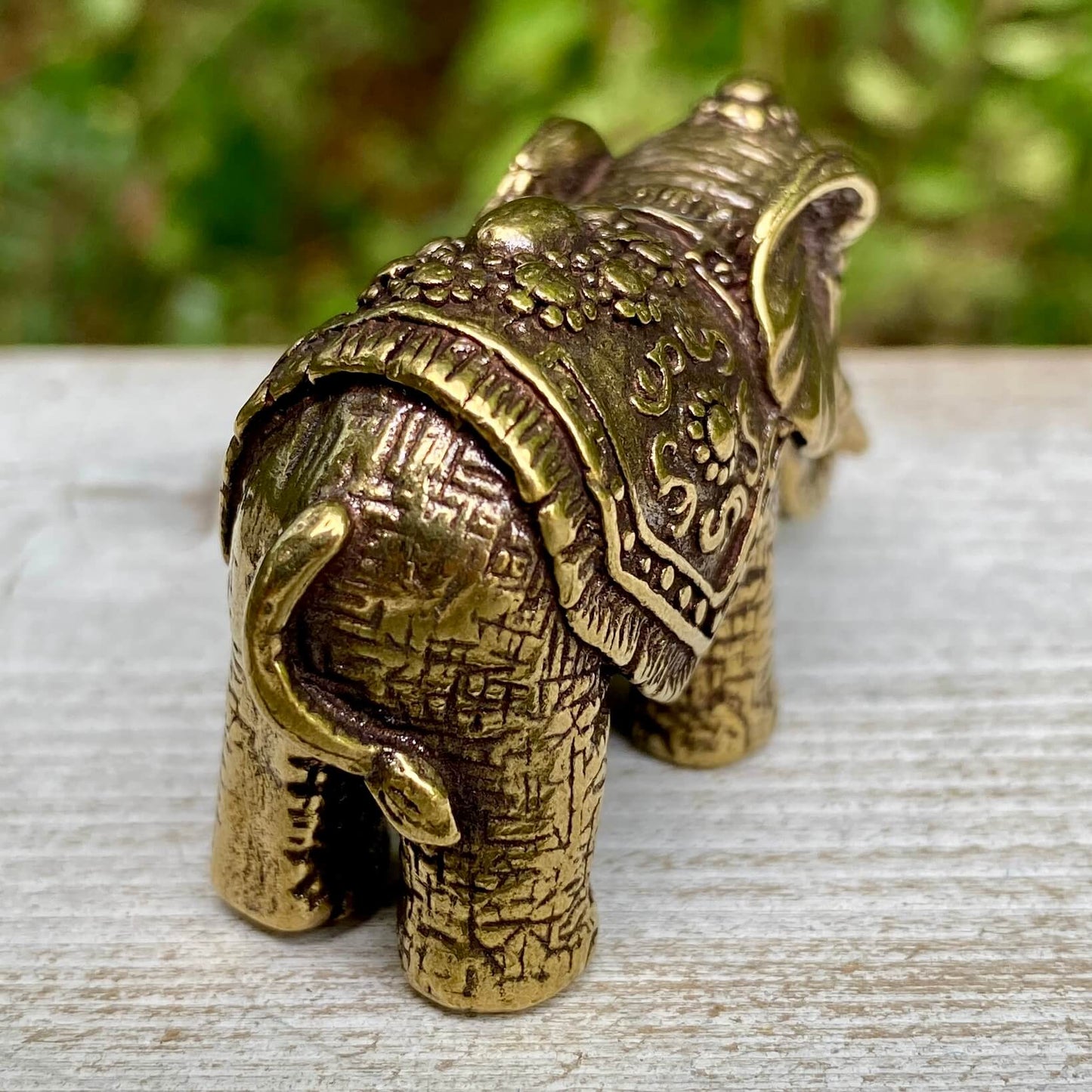 Solid brass Indian elephant figurine by Wild Brass, symbol of wisdom, strength, and good fortune, shown from a front view.