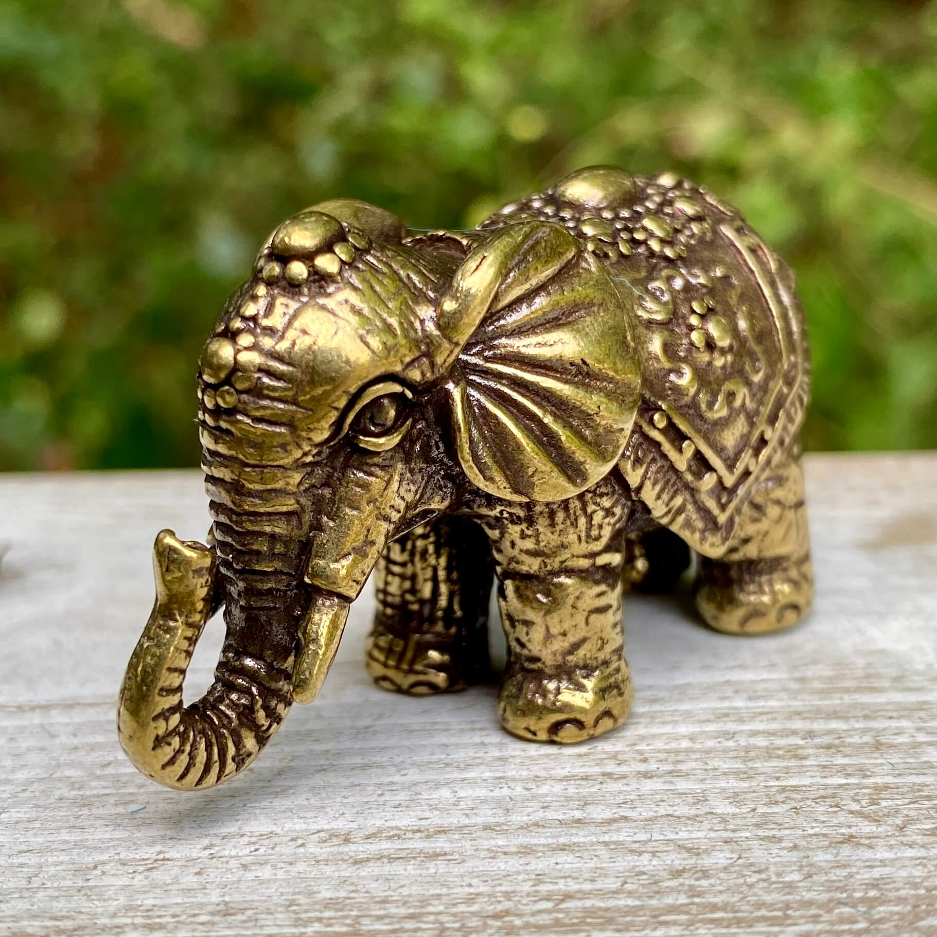 Solid brass Indian elephant figurine by Wild Brass, detailed sculpture symbolizing wisdom, strength, and good fortune.