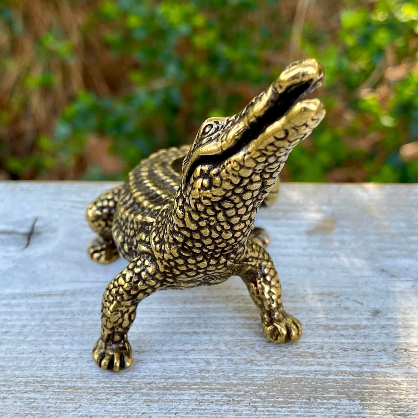 Solid brass alligator figurine by Wild Brass, symbolizing primal power, patience, and instinct with detailed craftsmanship.