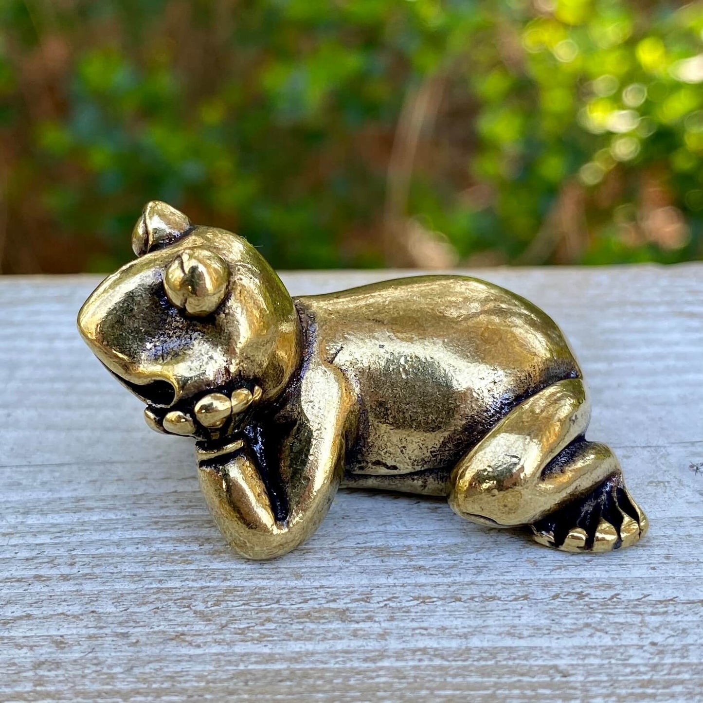 Solid brass frog laying sculpture by Wild Brass, symbol of transformation, renewal, and luck, with detailed natural finish.