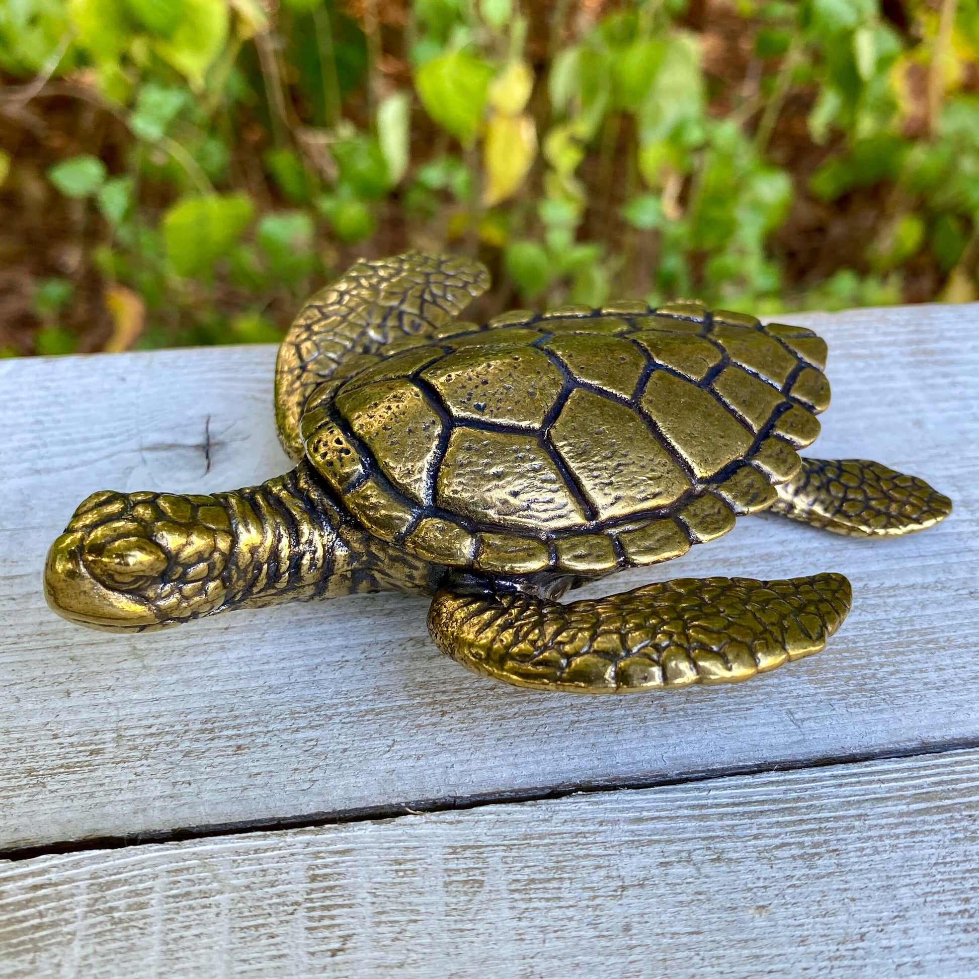 Large solid brass sea turtle sculpture by Wild Brass, symbol of longevity, wisdom, and endurance, detailed and polished finish.