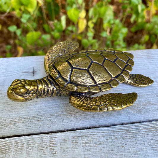 Large solid brass sea turtle sculpture by Wild Brass, symbol of longevity, wisdom, and endurance, detailed and polished finish.