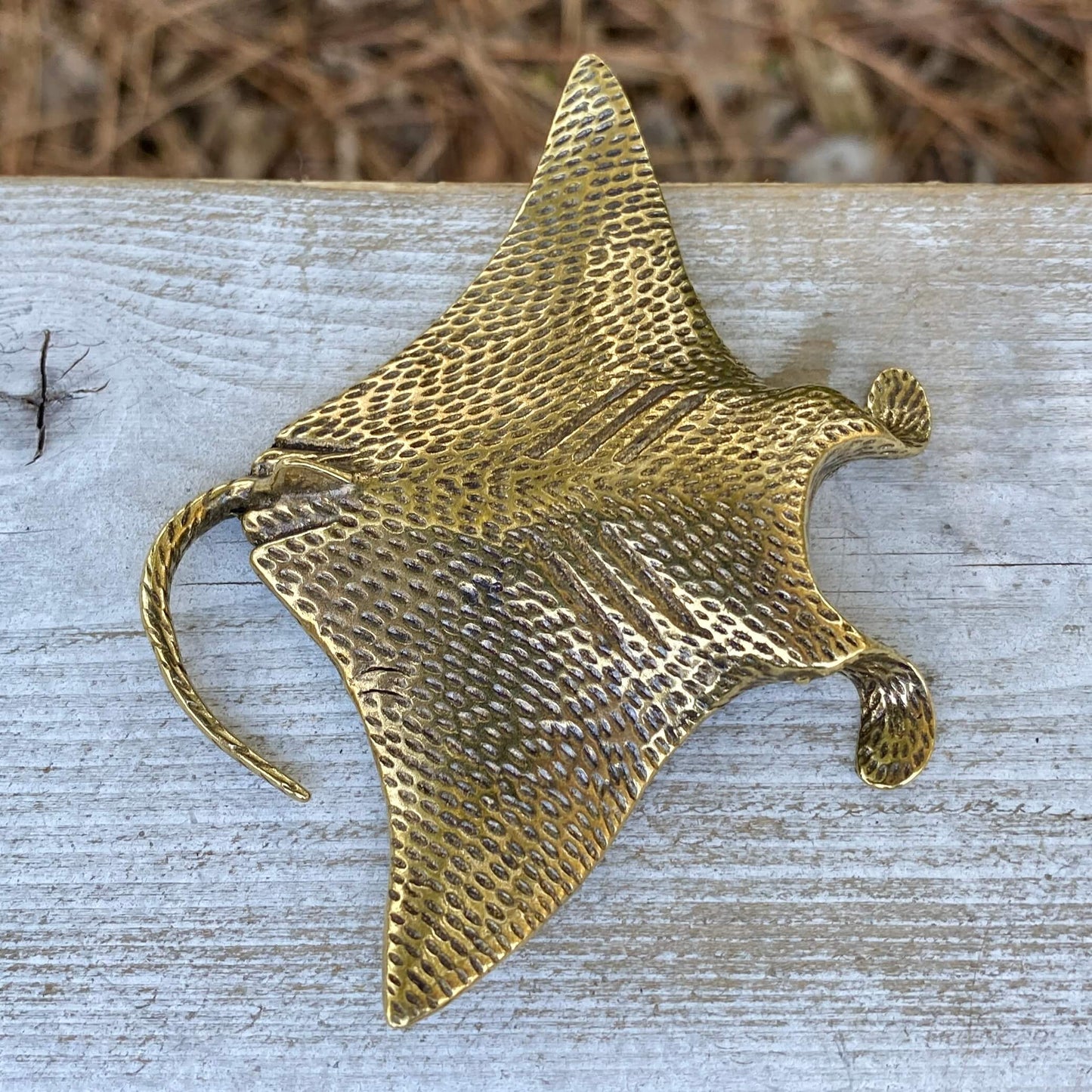 Solid brass manta ray sculpture by Wild Brass, featuring intricate detailing that symbolizes grace, freedom, and wonder.