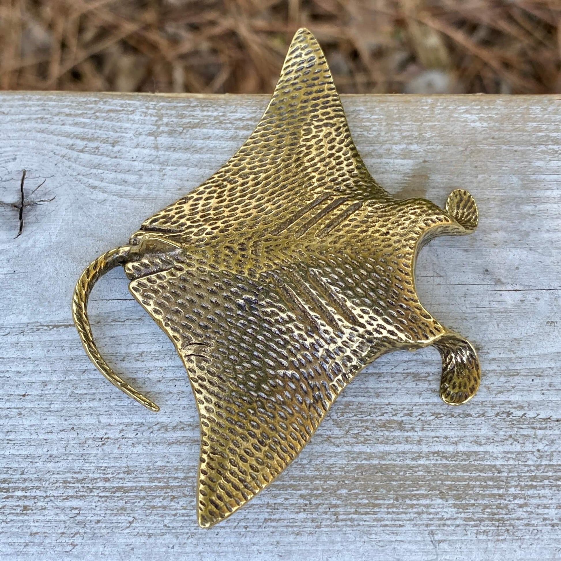 Solid brass manta ray sculpture by Wild Brass, featuring intricate detailing that symbolizes grace, freedom, and wonder.