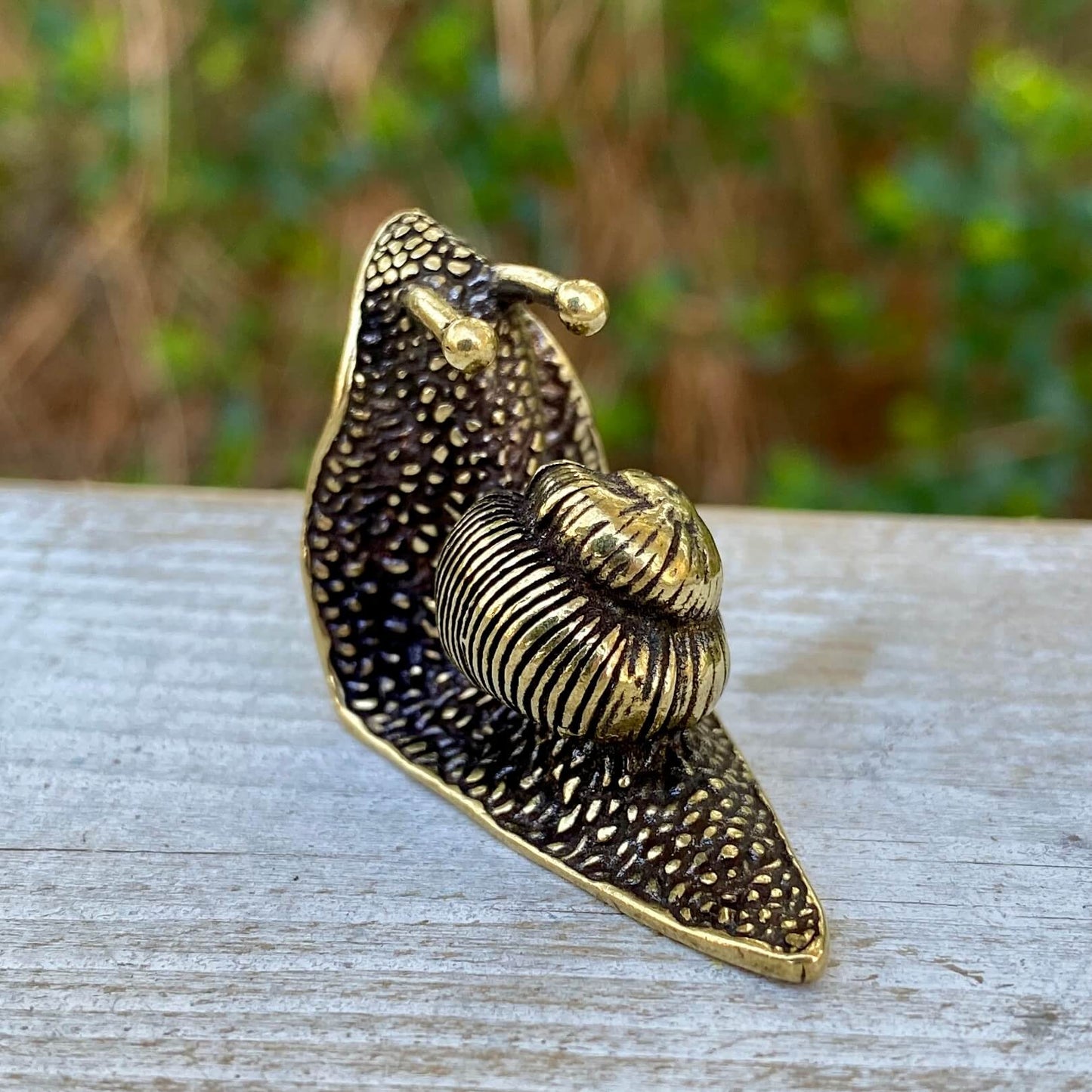 Solid brass snail figurine by Wild Brass, symbol of patience, mindfulness, and calm, detailed with a smooth, polished finish.