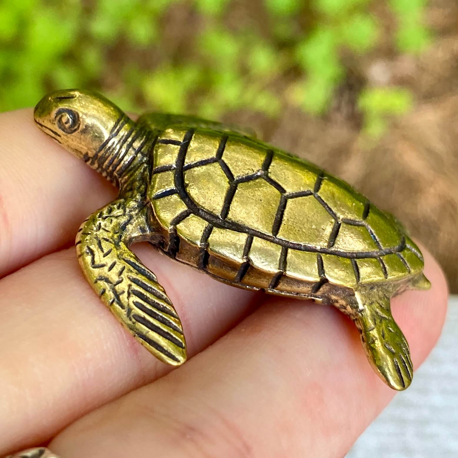 Solid brass sea turtle figurine by Wild Brass, symbolizing longevity, wisdom, and endurance, detailed with a smooth, polished finish.