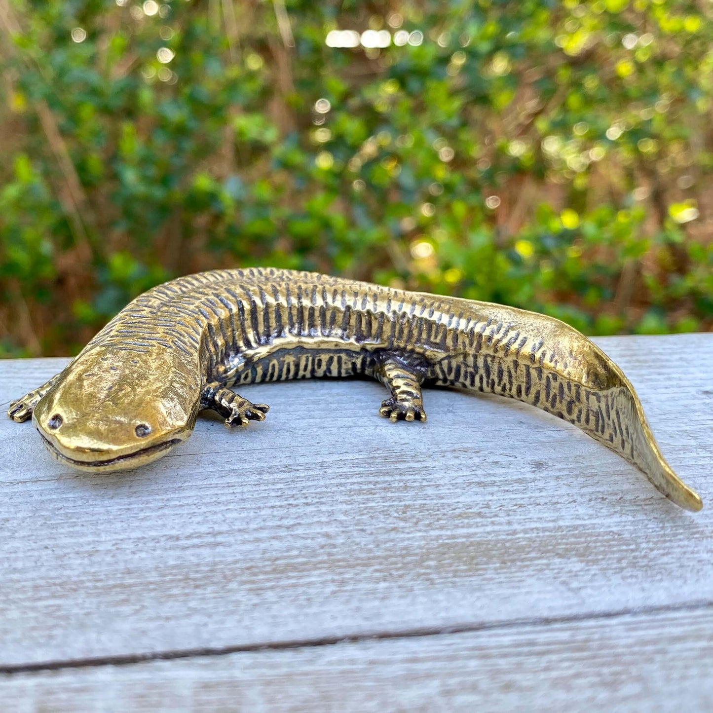Solid brass salamander sculpture by Wild Brass, symbol of resilience and adaptability, featuring detailed craftsmanship.