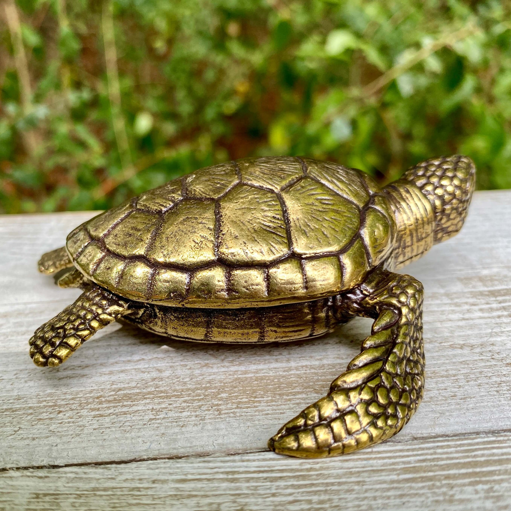 Solid brass sea turtle sculpture by Wild Brass, symbolizing longevity, wisdom, and endurance, with detailed shell and flippers.