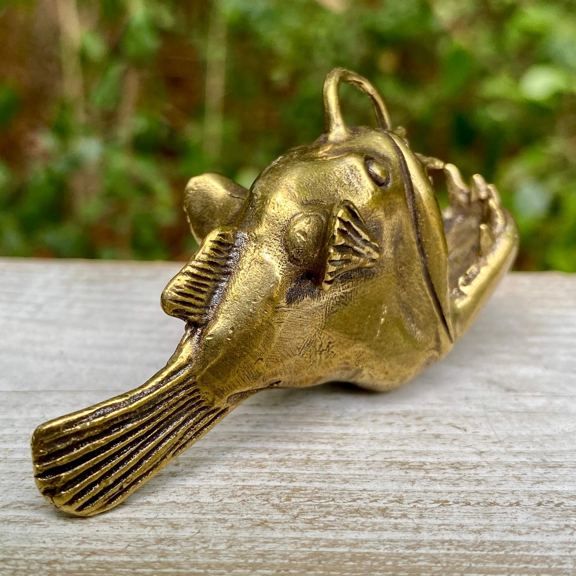 Solid brass angler fish sculpture by Wild Brass, representing mystery and adaptability with intricate deep sea fish details.
