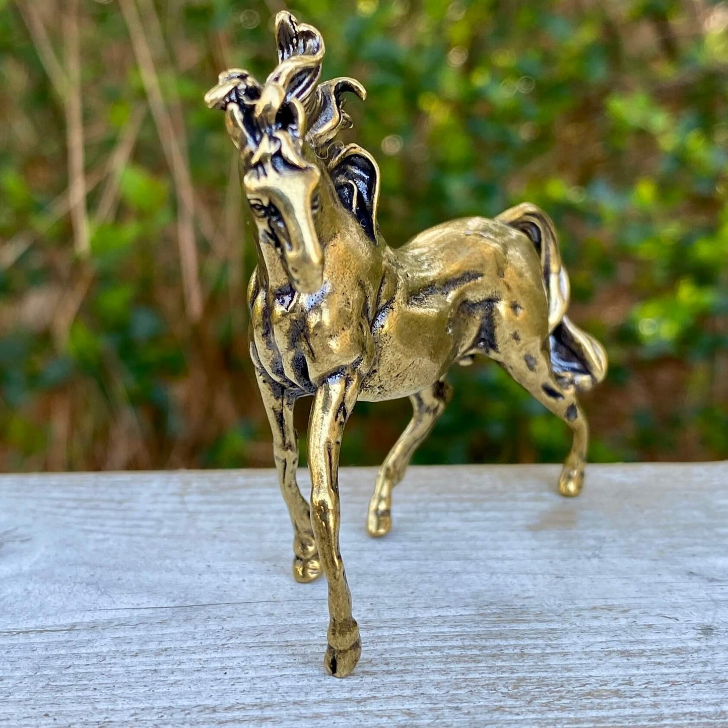 Solid brass horse stallion sculpture by Wild Brass, showcasing a powerful and graceful horse in a dynamic pose.