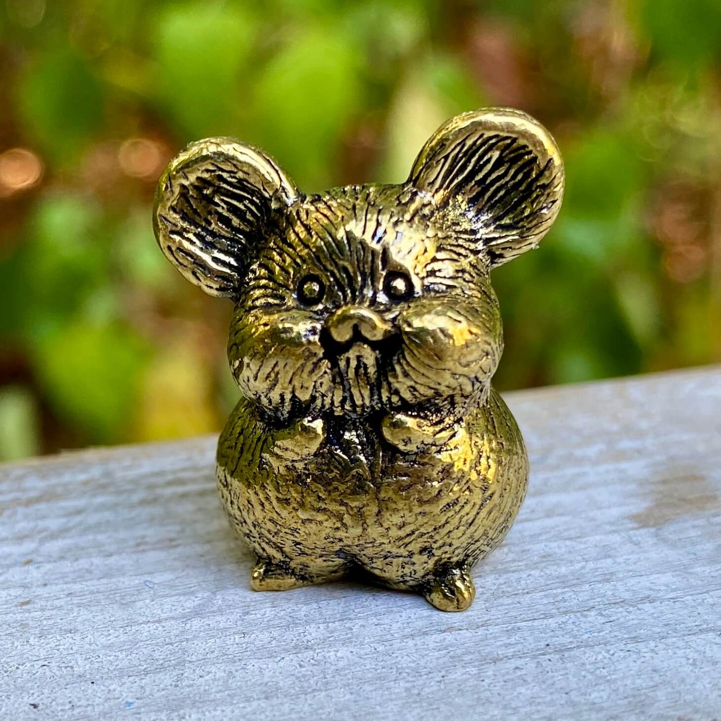 Solid brass mouse figurine from Wild Brass, symbol of curiosity, adaptability, and awareness, with detailed brass craftsmanship.