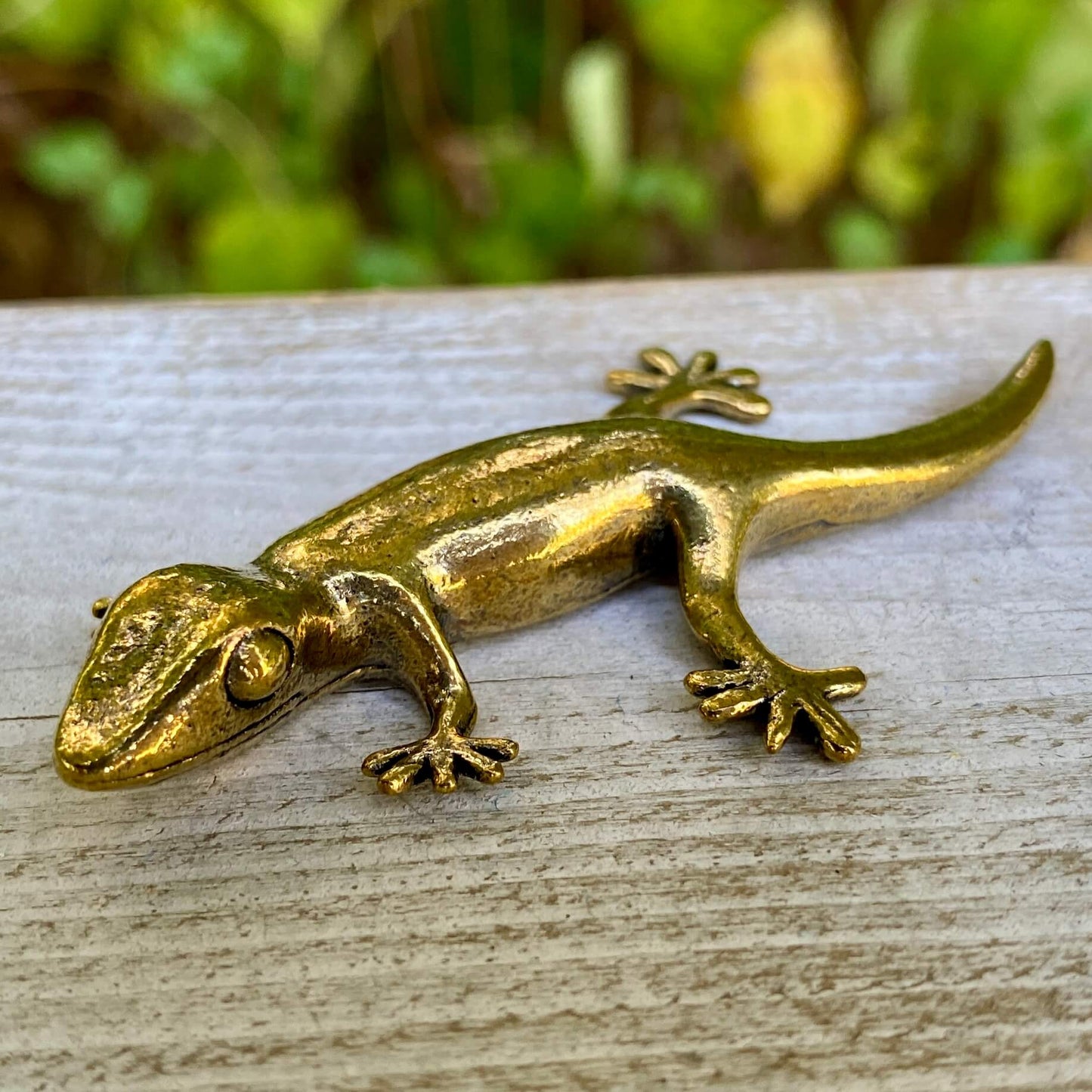Solid brass gecko figurine by Wild Brass, symbol of renewal, adaptability, and resilience with intricate detailing.