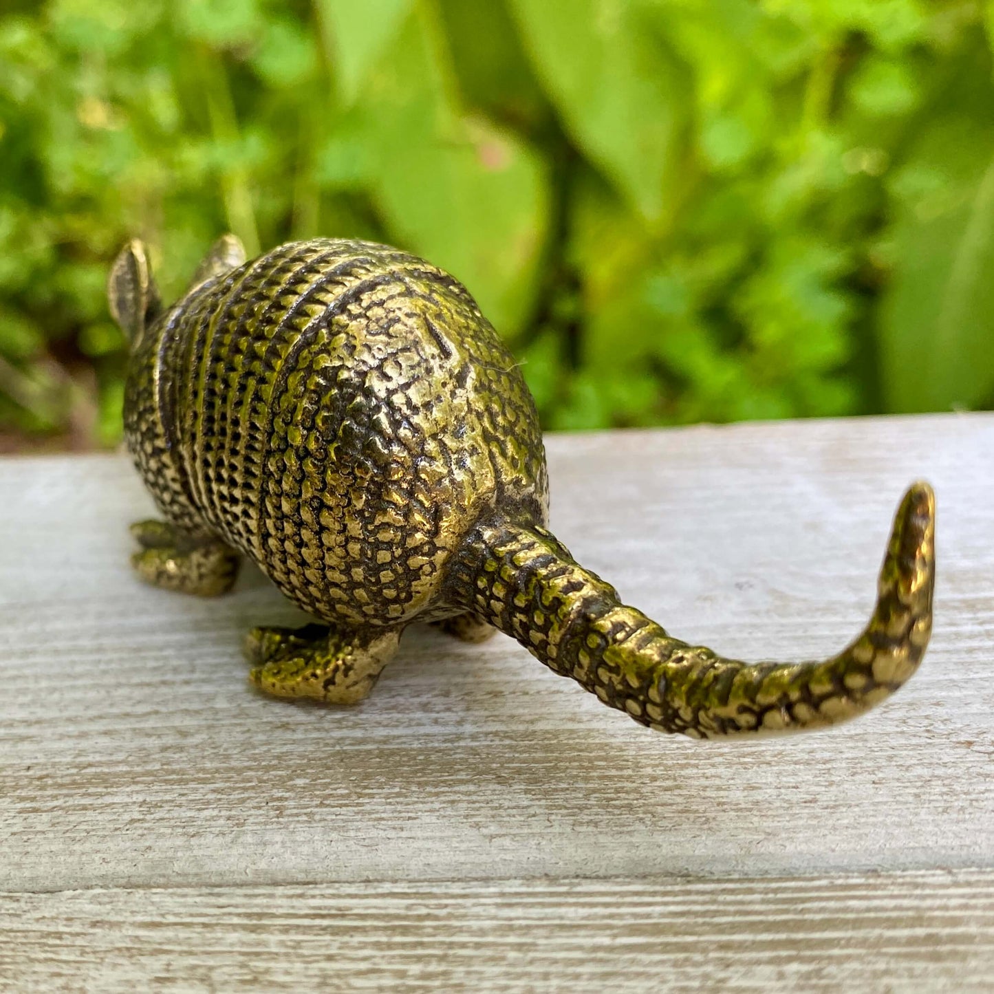 Solid brass armadillo sculpture by Wild Brass, symbol of protection and resilience, shown with detailed textured surface.